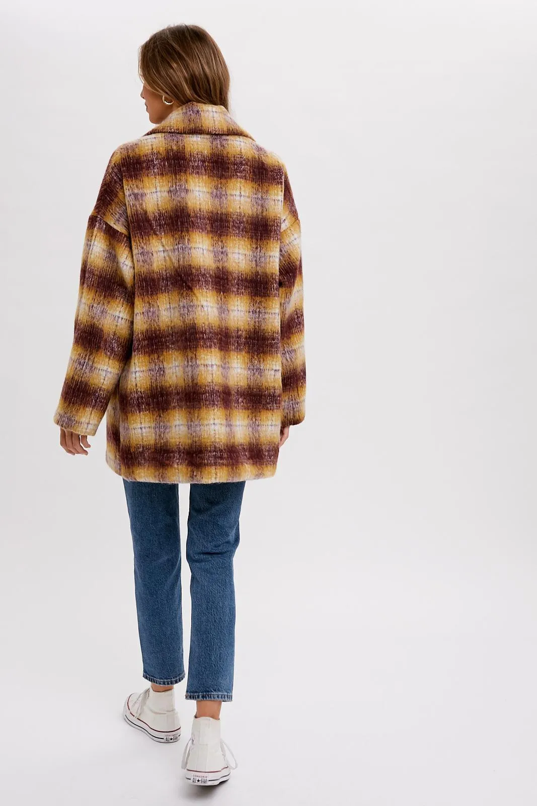 Mustard/Plum  Double Breasted Brushed Plaid Coat