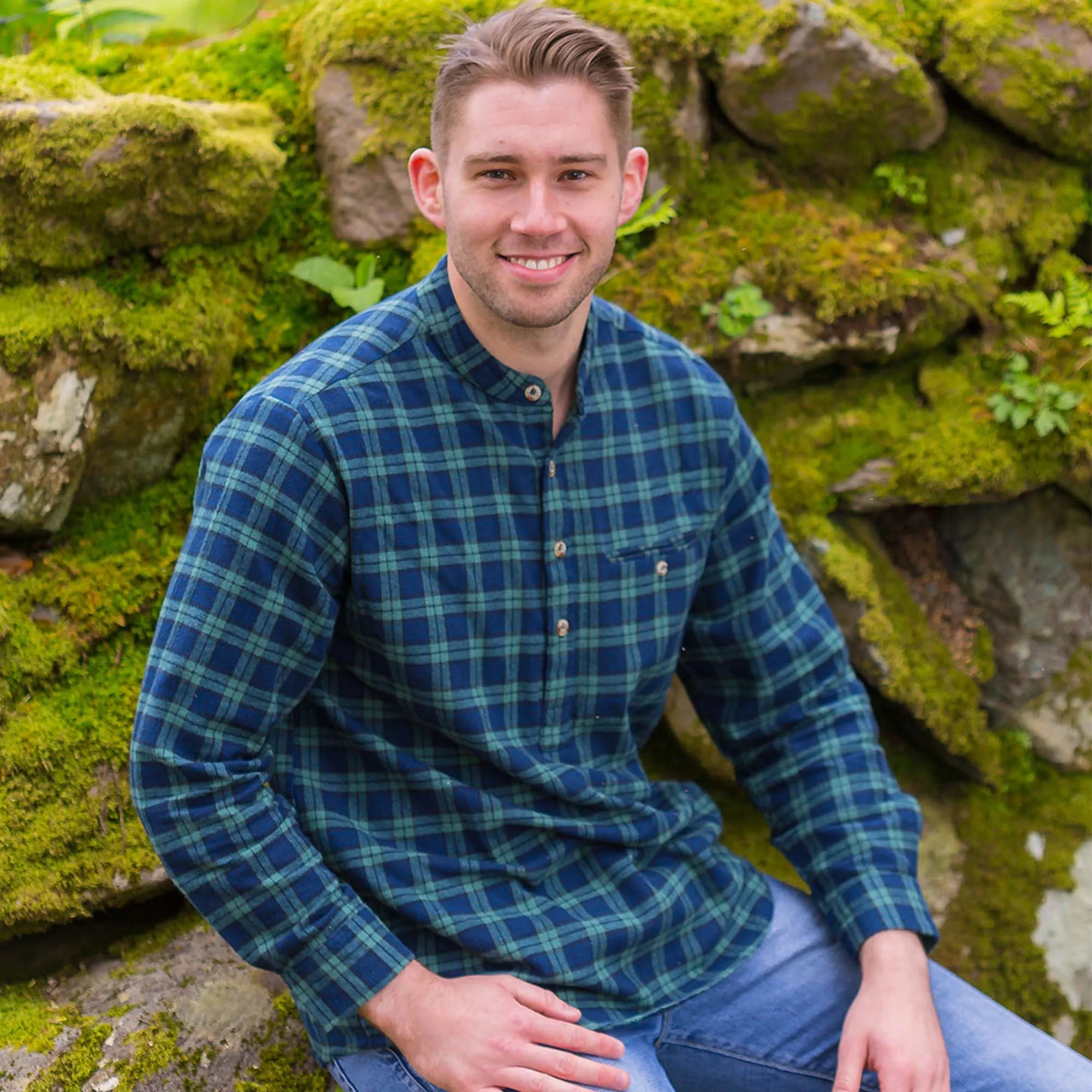 Navy & Green Check Cotton Grandfather Shirt