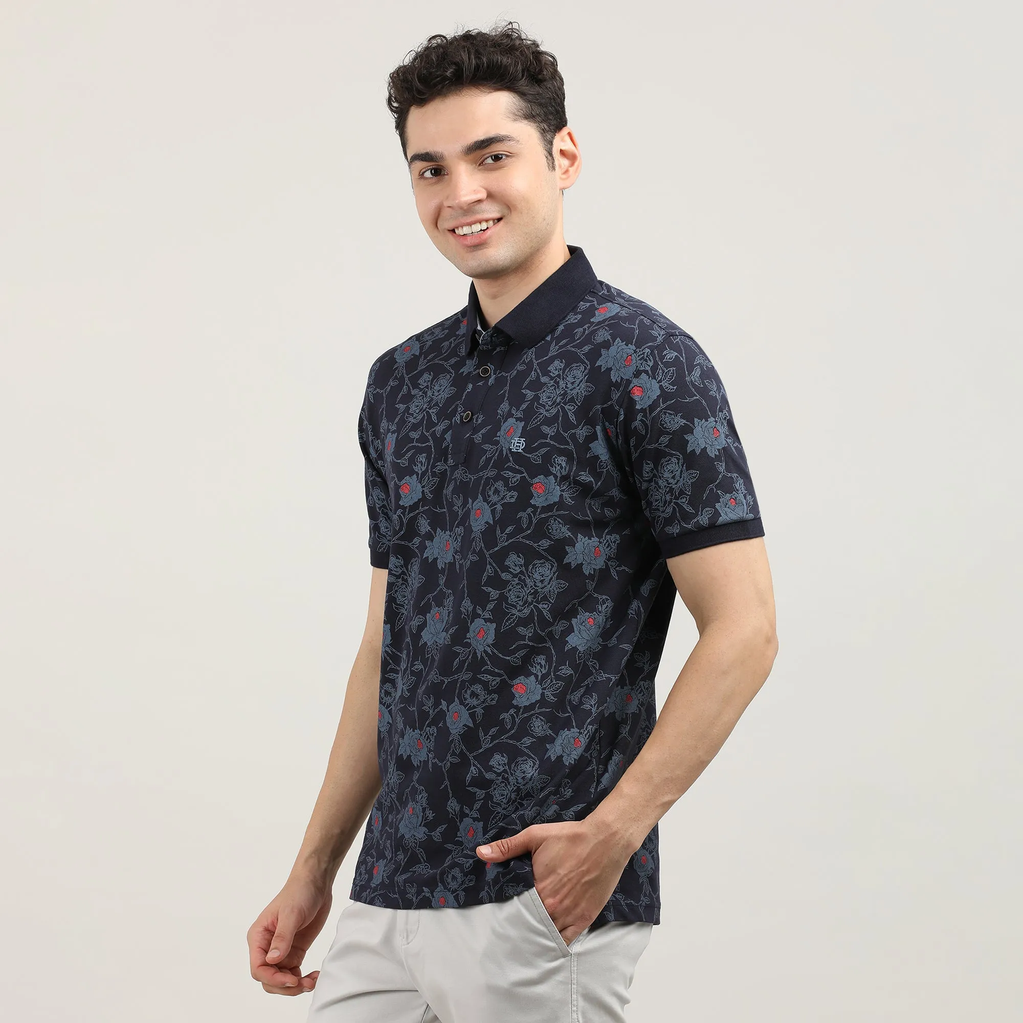 Navy Blue Pique Lycra Printed Polo T-shirt