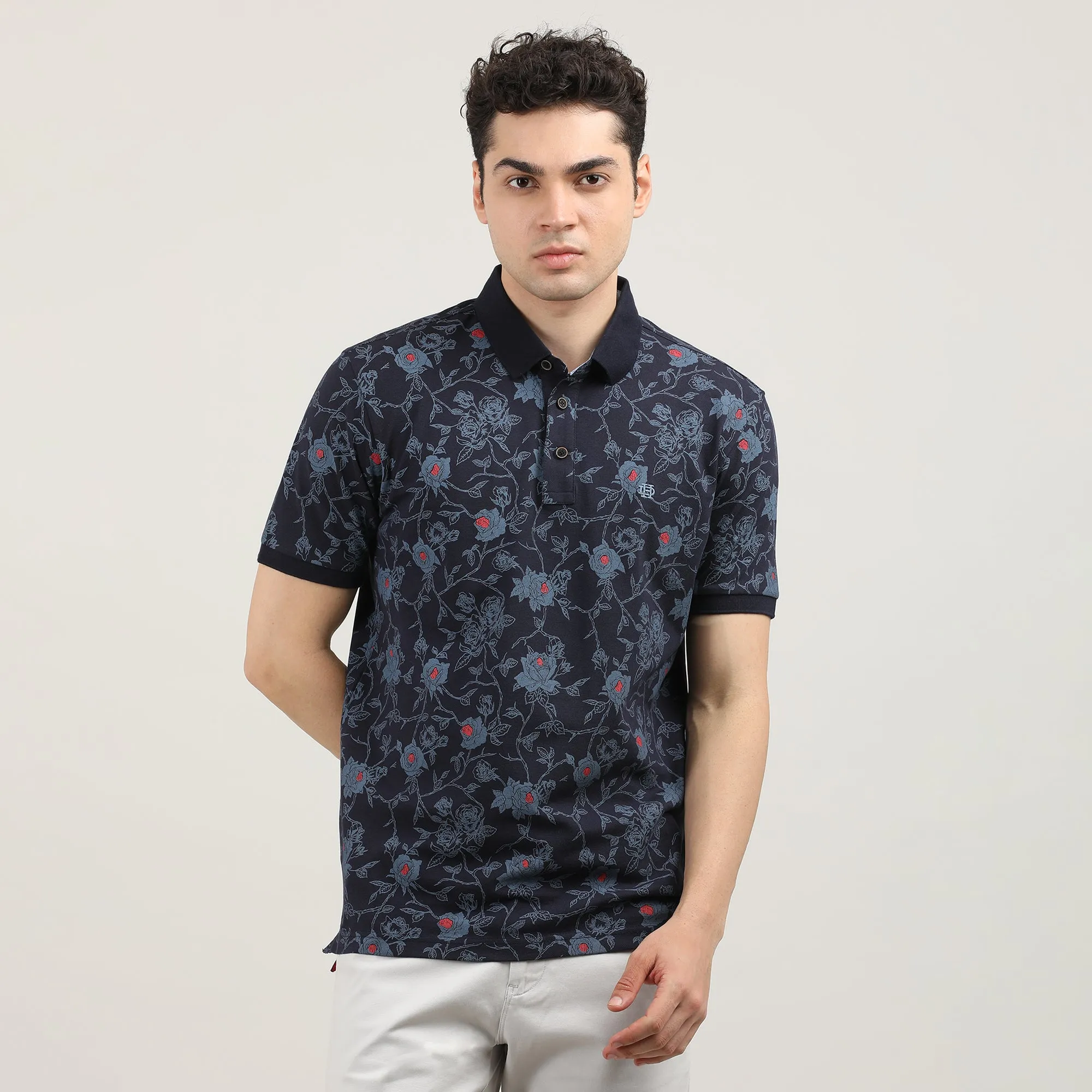 Navy Blue Pique Lycra Printed Polo T-shirt