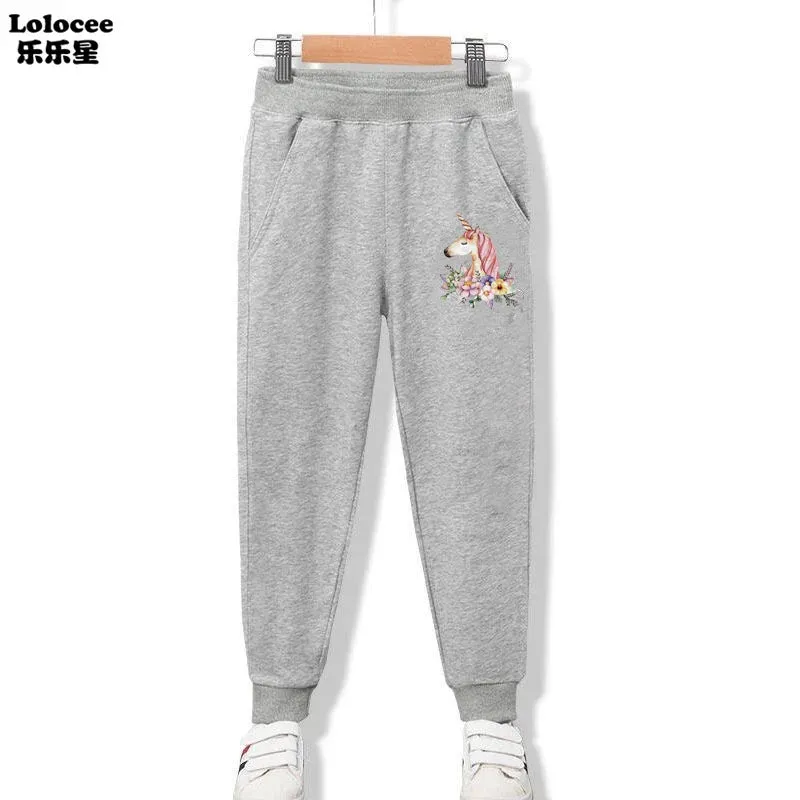 New Arrival Kids Elastic Pants Spring Autumn Cotton Girls Flower Heart Print Pocket Jogger Sweatpants Girls Clothing 3-14 Years