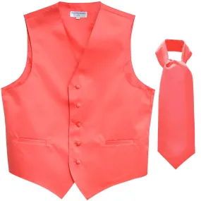 New Men's Formal Tuxedo Vest Waistcoat solid & Ascot cravat Prom coral