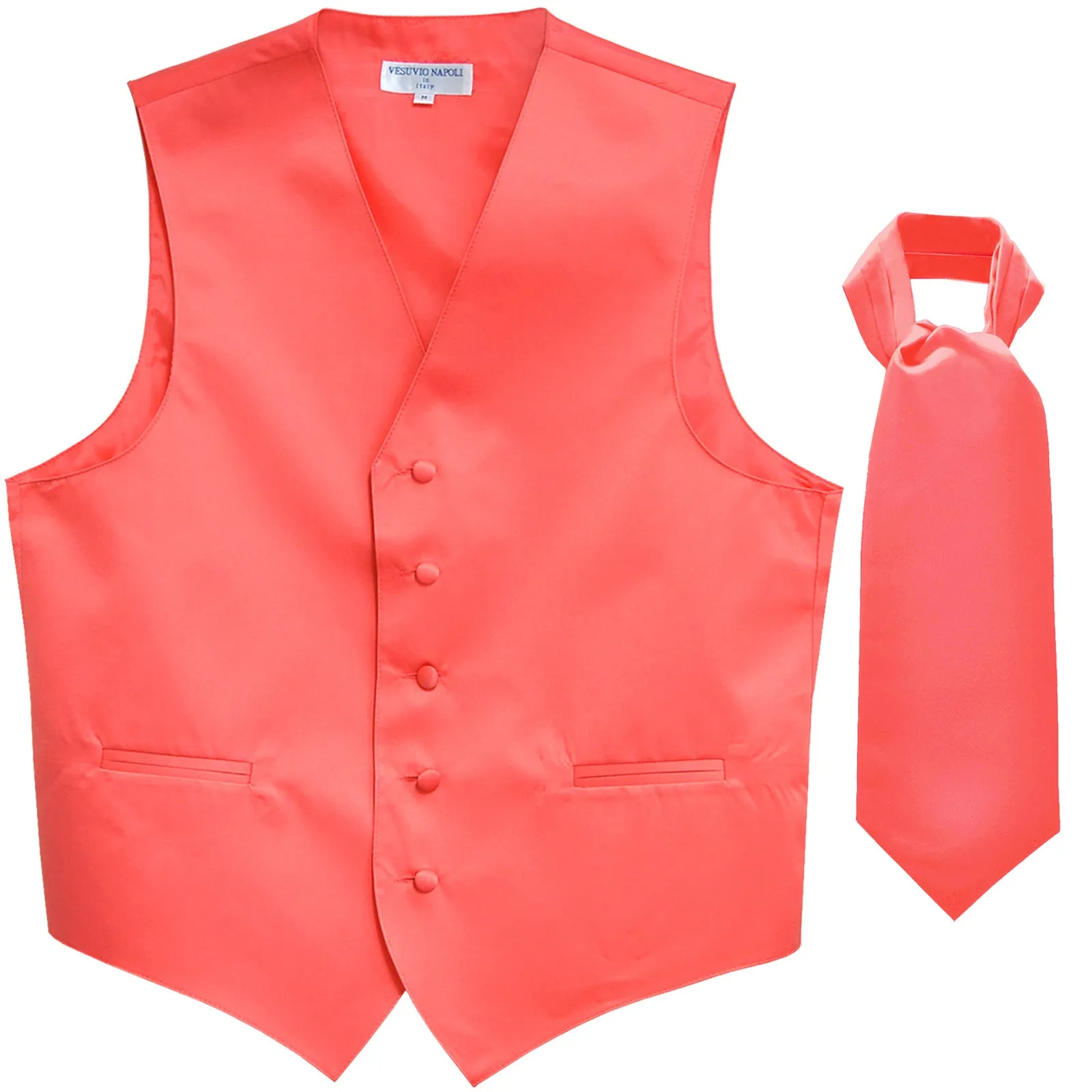 New Men's Formal Tuxedo Vest Waistcoat solid & Ascot cravat Prom coral