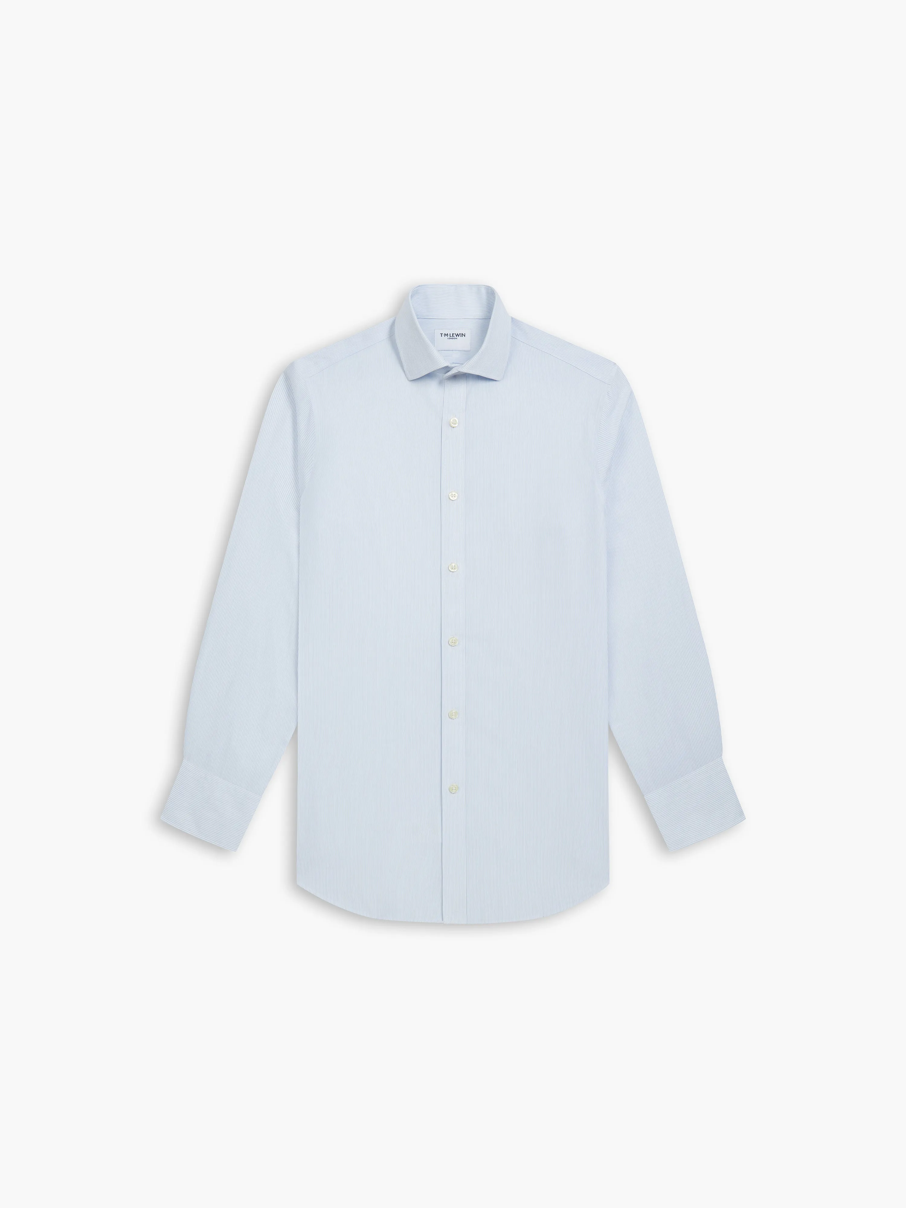 Non-Iron Blue Mini Stripe Poplin Fitted Single Cuff Classic Collar Shirt