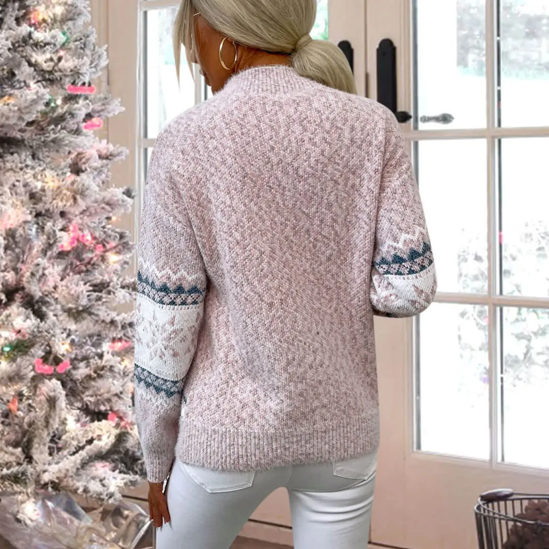 Nordic Fair Isle Mock Neck Chenille Marled Knit Snowflake Pullover Sweater - Pink