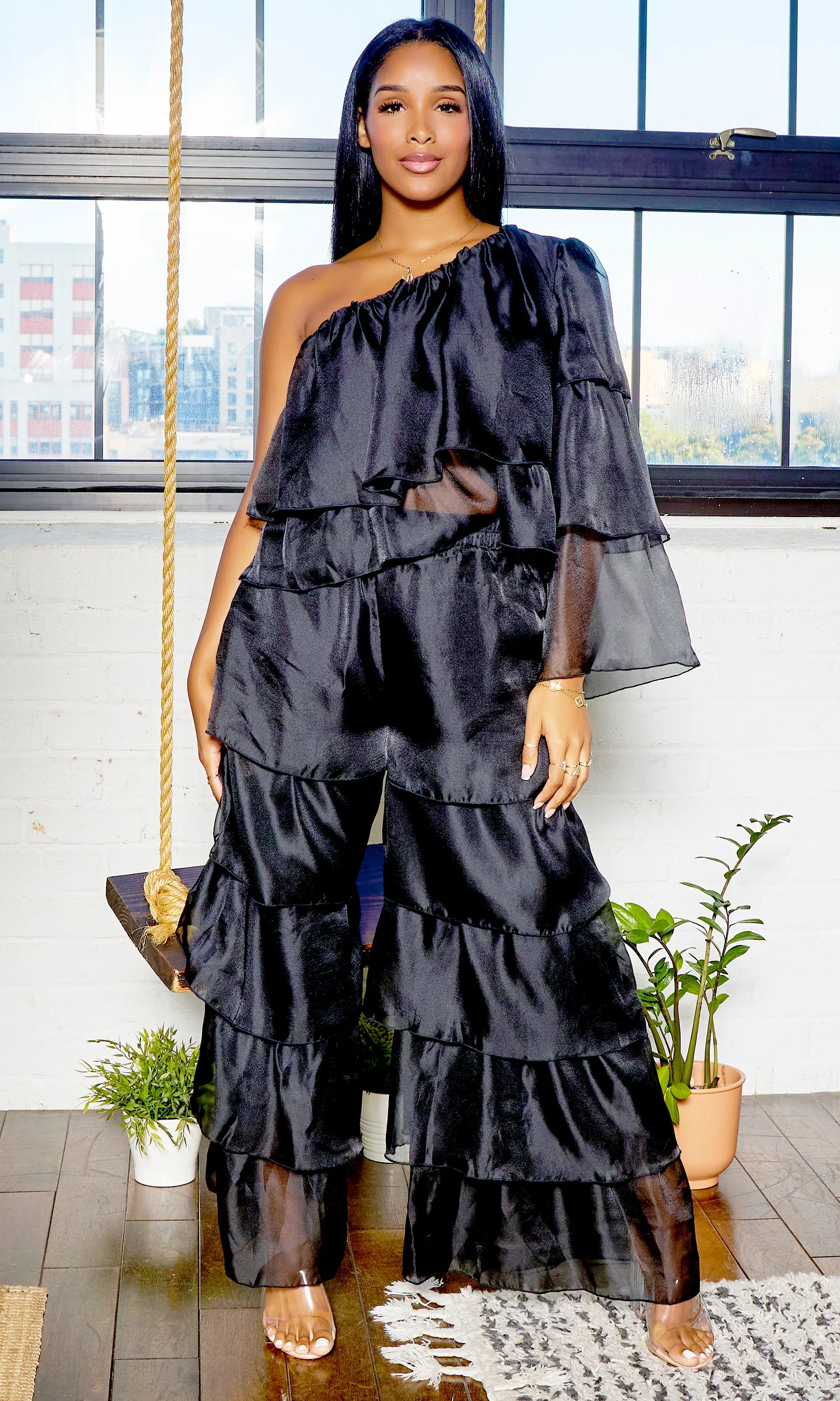 One Shoulder Tiered Organza Set | Black FINAL SALE