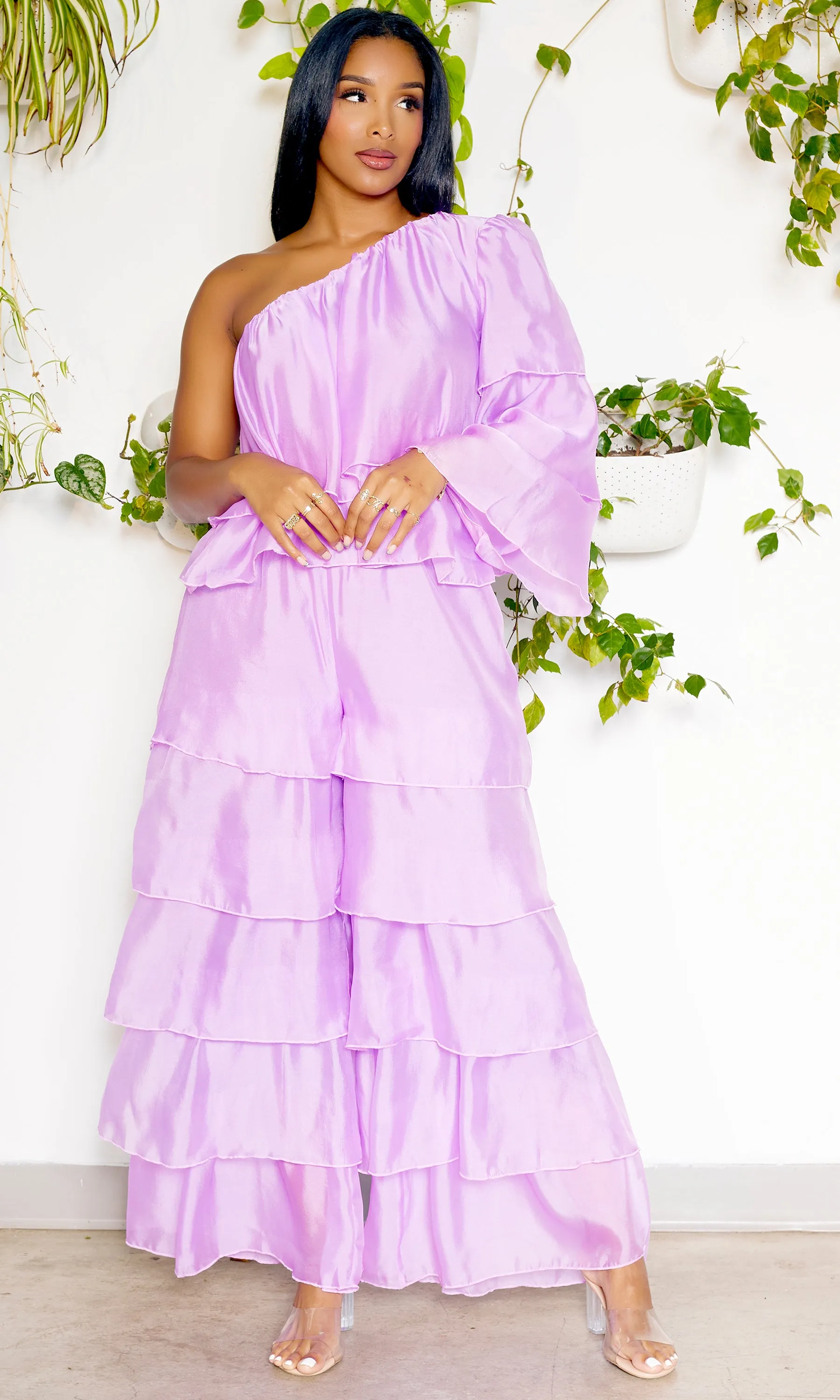 One Shoulder Tiered Organza Set | Lilac FINAL SALE