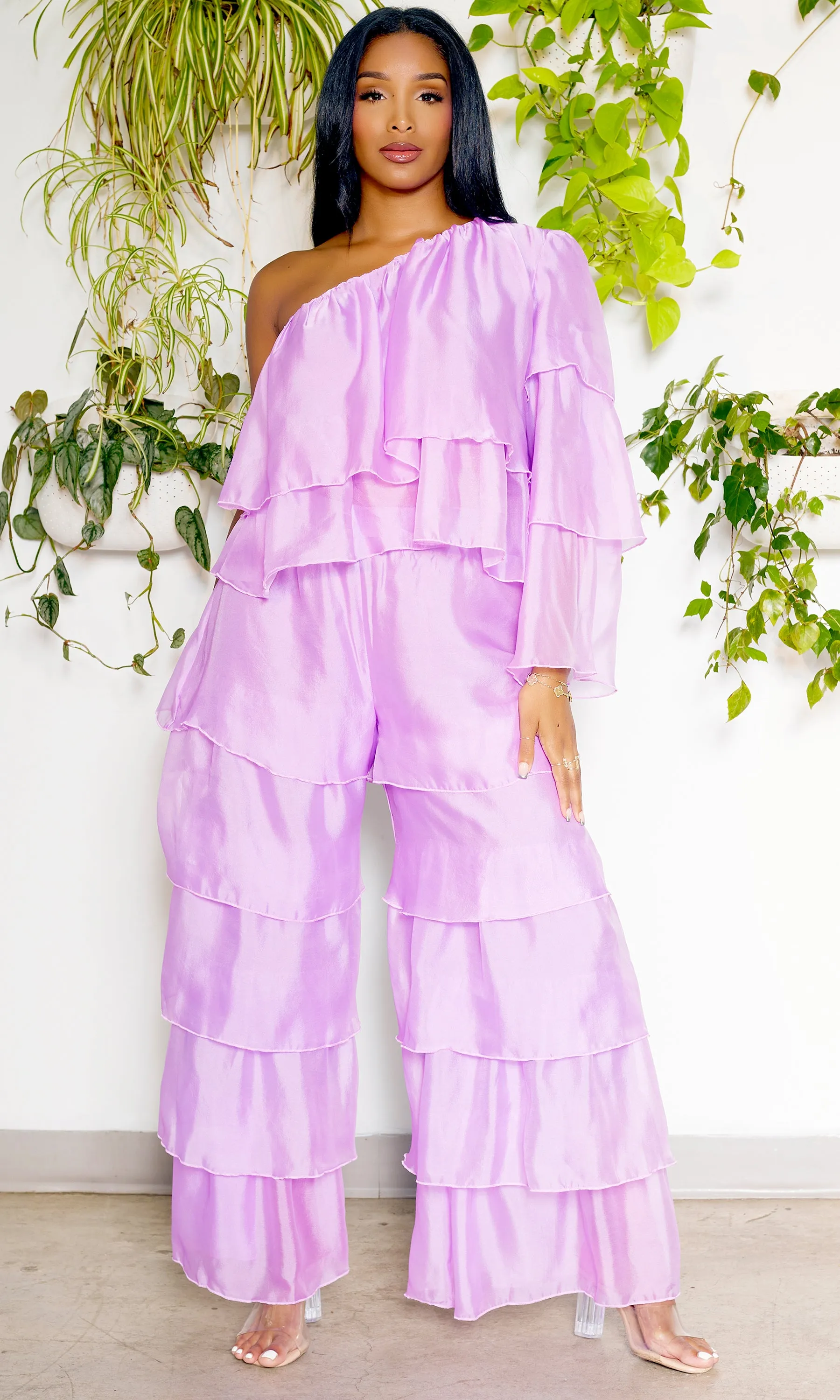 One Shoulder Tiered Organza Set | Lilac FINAL SALE