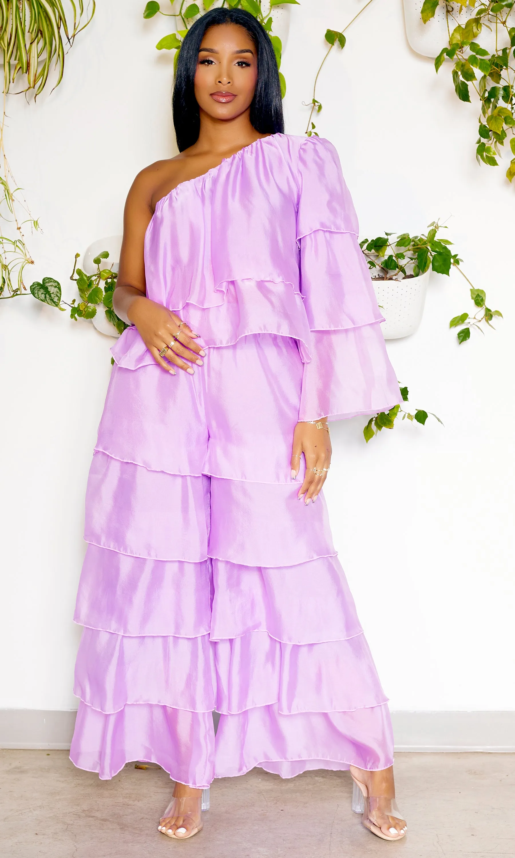 One Shoulder Tiered Organza Set | Lilac FINAL SALE