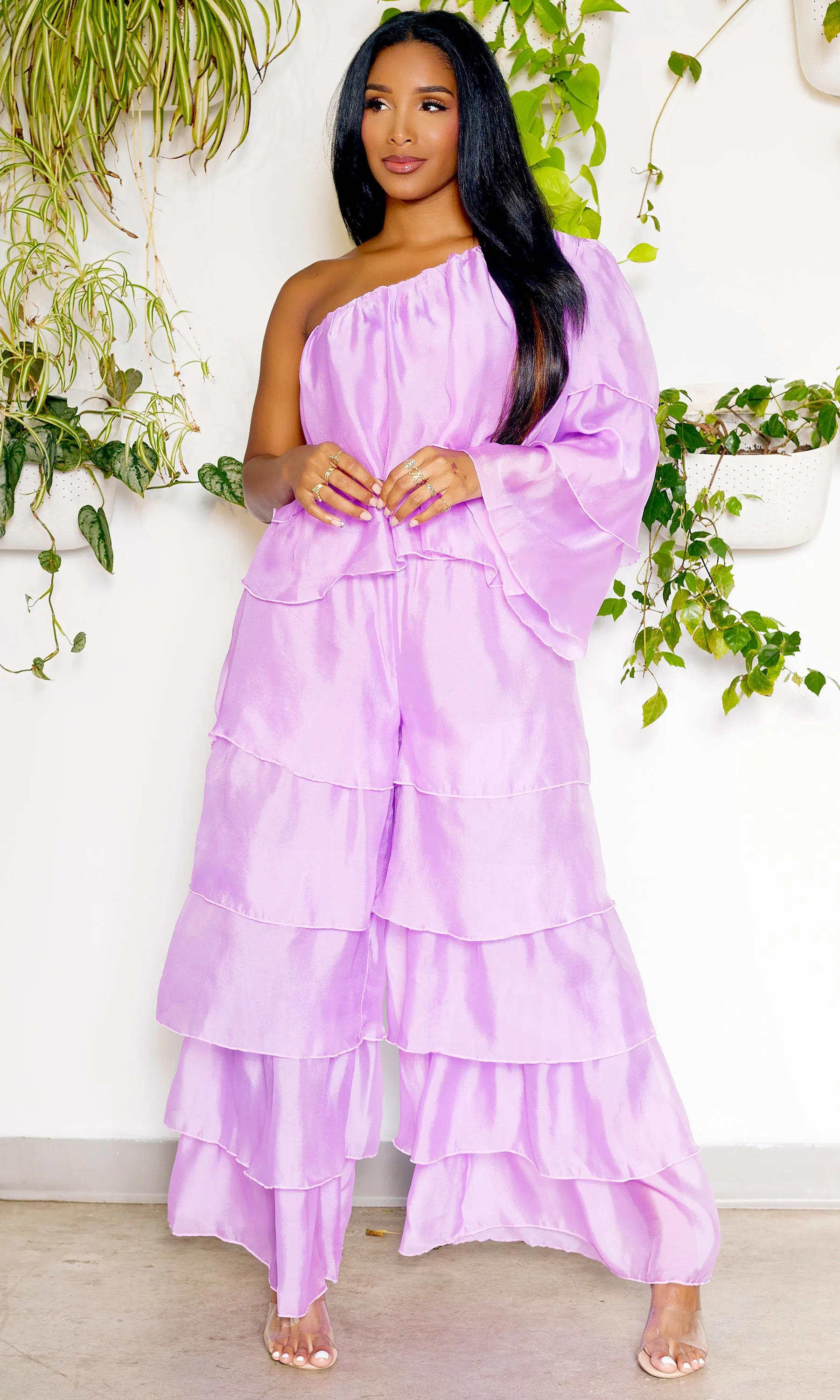 One Shoulder Tiered Organza Set | Lilac FINAL SALE