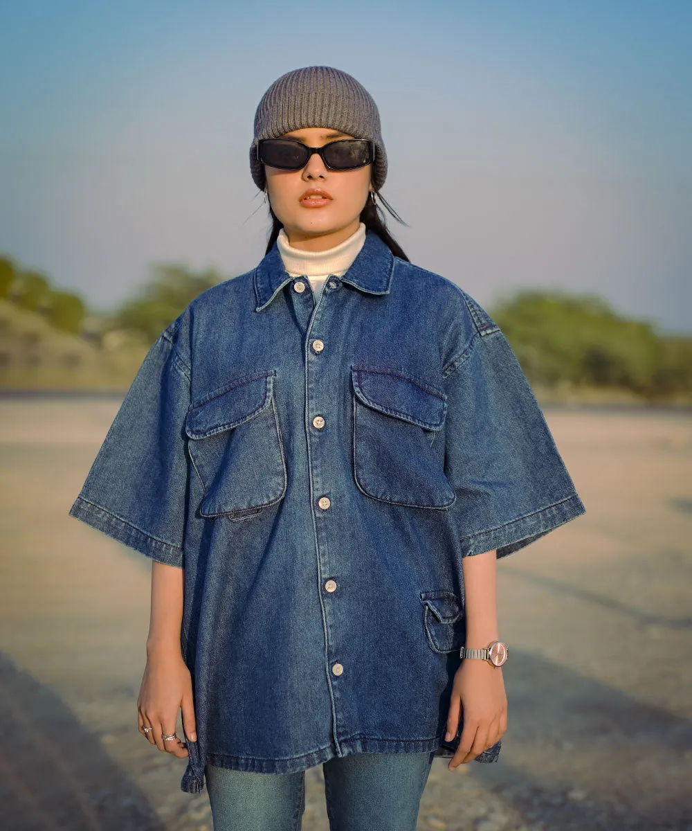 Oversized Dark Blue Denim Boxy Shirt Unisex | El Denim Vol. 1: Highway | Weave Wardrobe