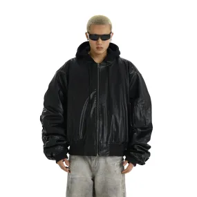 Oversized Hooded Faux Leather Bomber Jacket with Utility Pocket