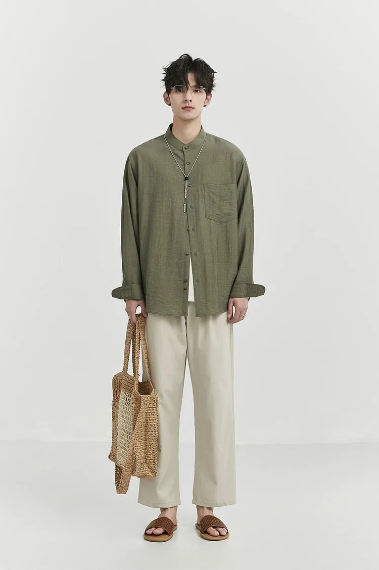 Oversized Linen Long Sleeve Shirt with Grandad Collar