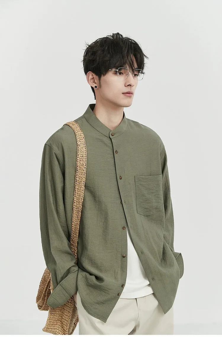 Oversized Linen Long Sleeve Shirt with Grandad Collar