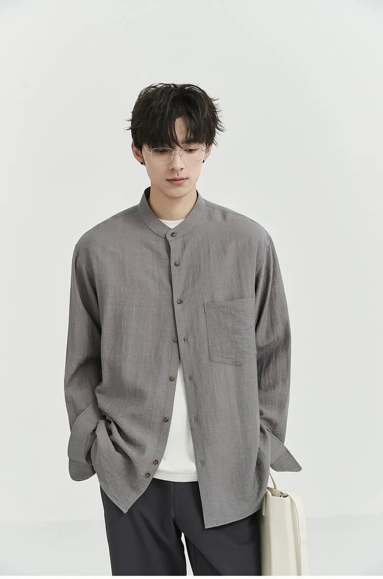 Oversized Linen Long Sleeve Shirt with Grandad Collar