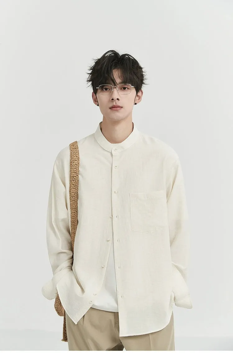 Oversized Linen Long Sleeve Shirt with Grandad Collar