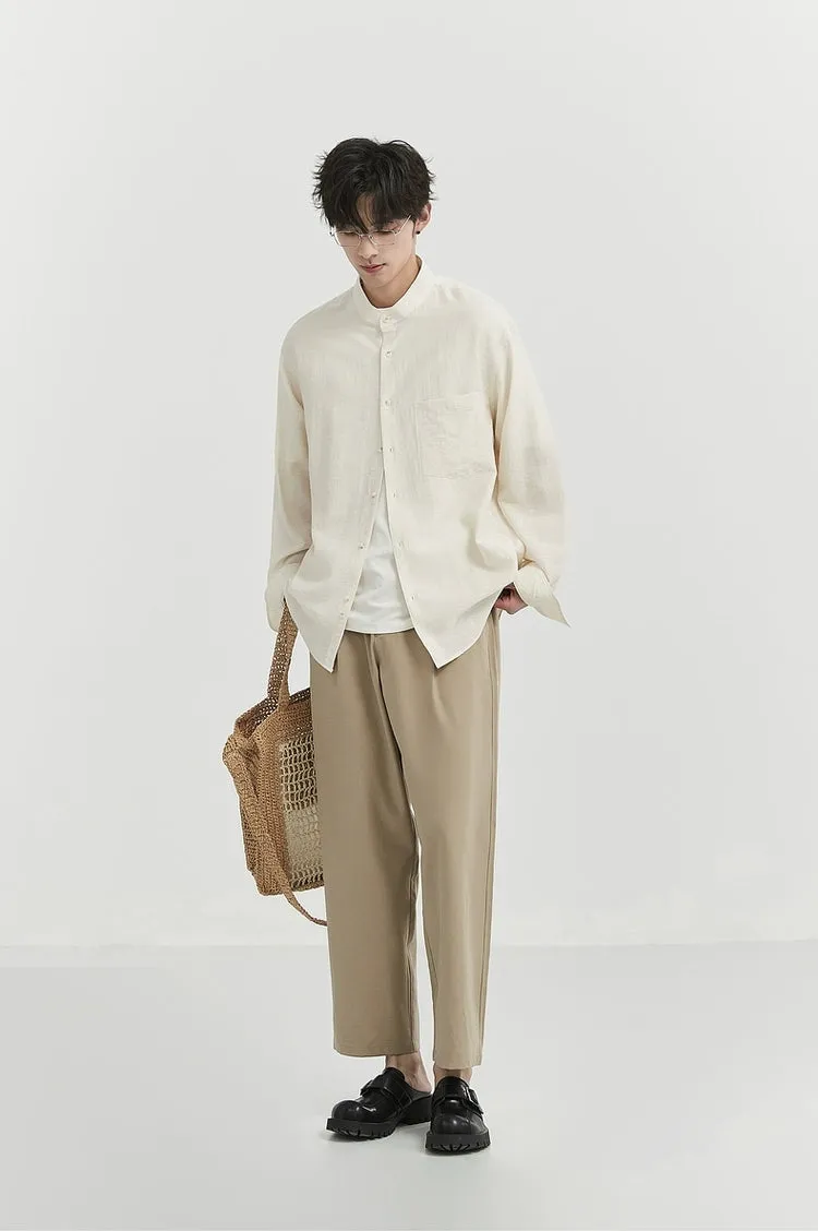 Oversized Linen Long Sleeve Shirt with Grandad Collar