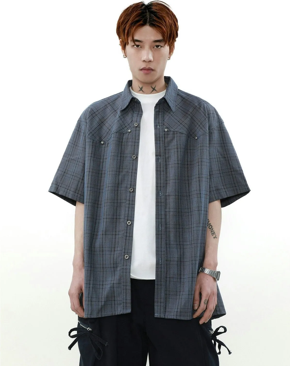 Oversized Plaid Button-Up Short Sleeve Shirt