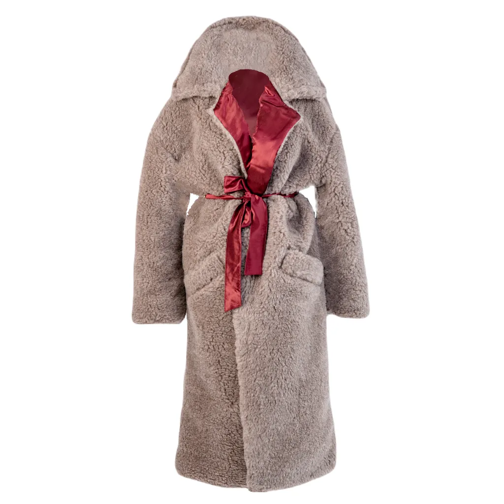 Oversized Woolen Coat with Maroon Silk Lining - Beige