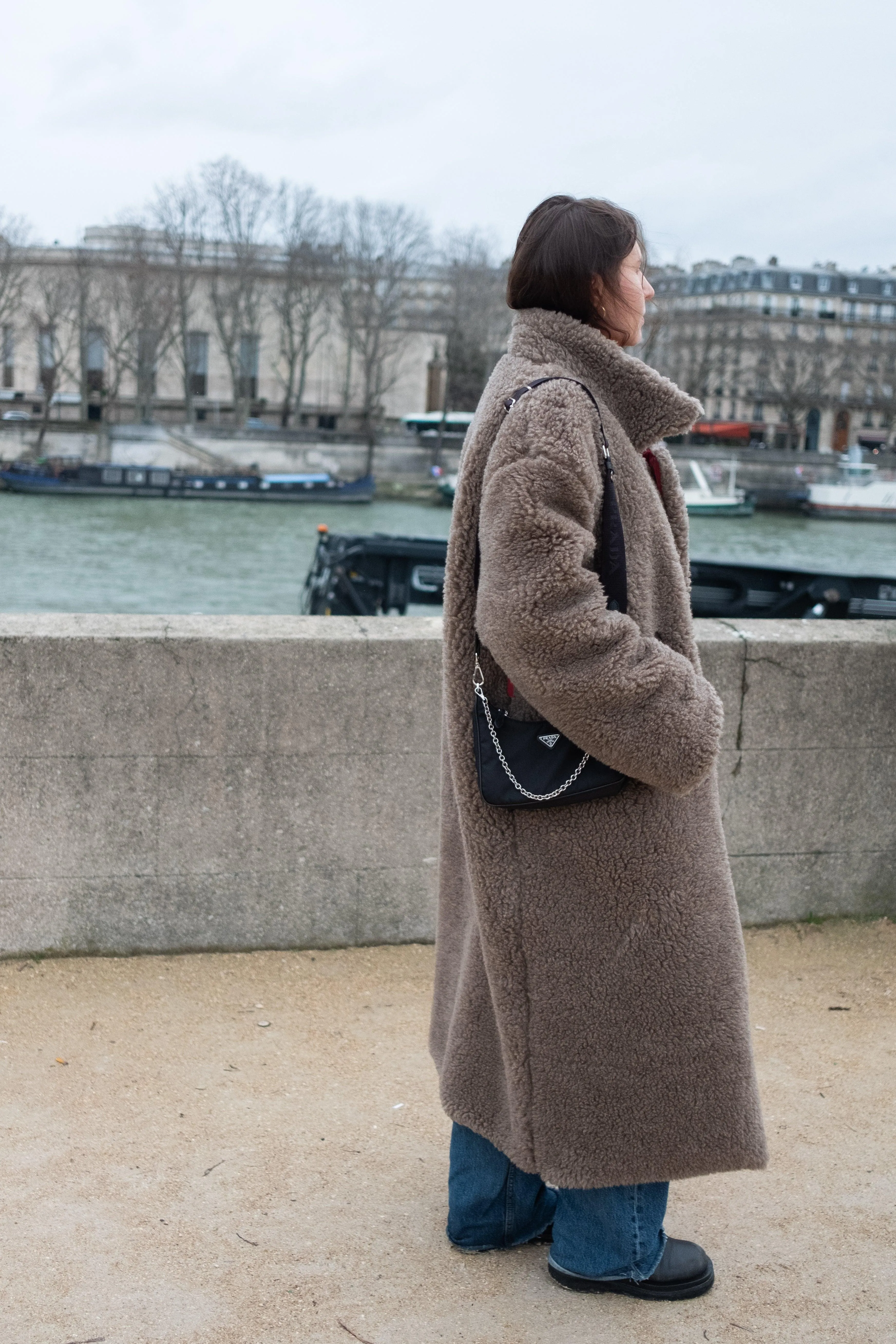 Oversized Woolen Coat with Maroon Silk Lining - Beige