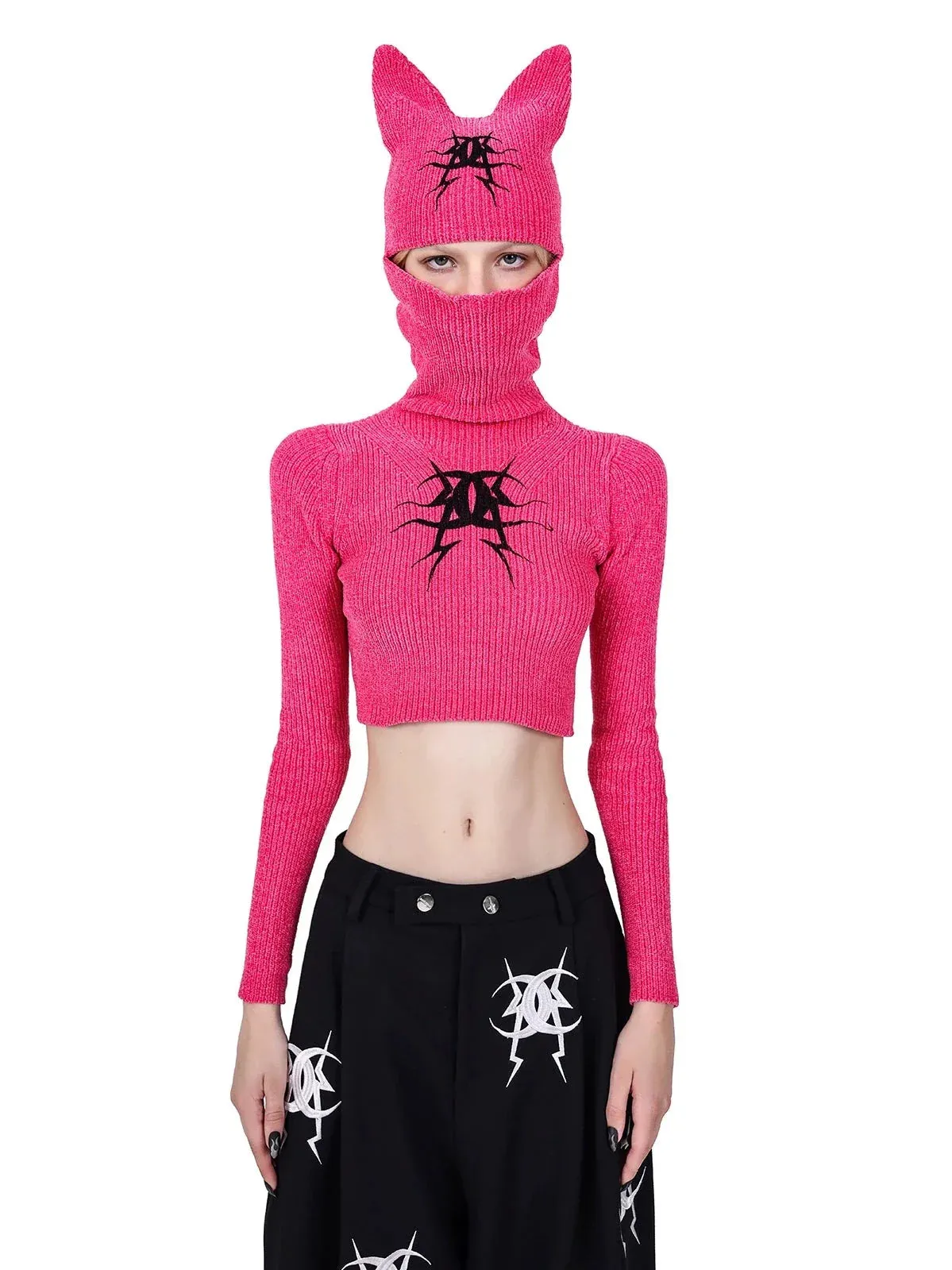 PINKSPINK Cat-Ear Hooded Crop Sweater - Hot Pink and Black