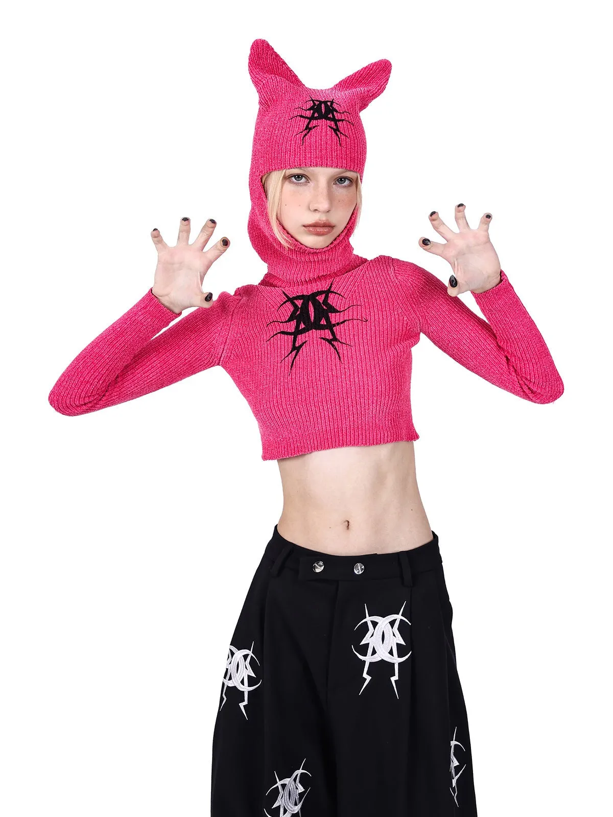 PINKSPINK Cat-Ear Hooded Crop Sweater - Hot Pink and Black