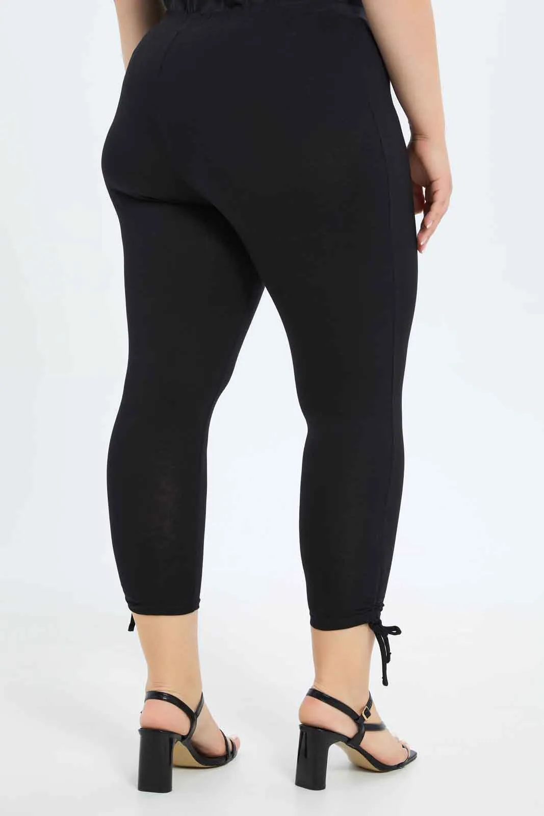 Plus Size Women Black Plain Crop Legging