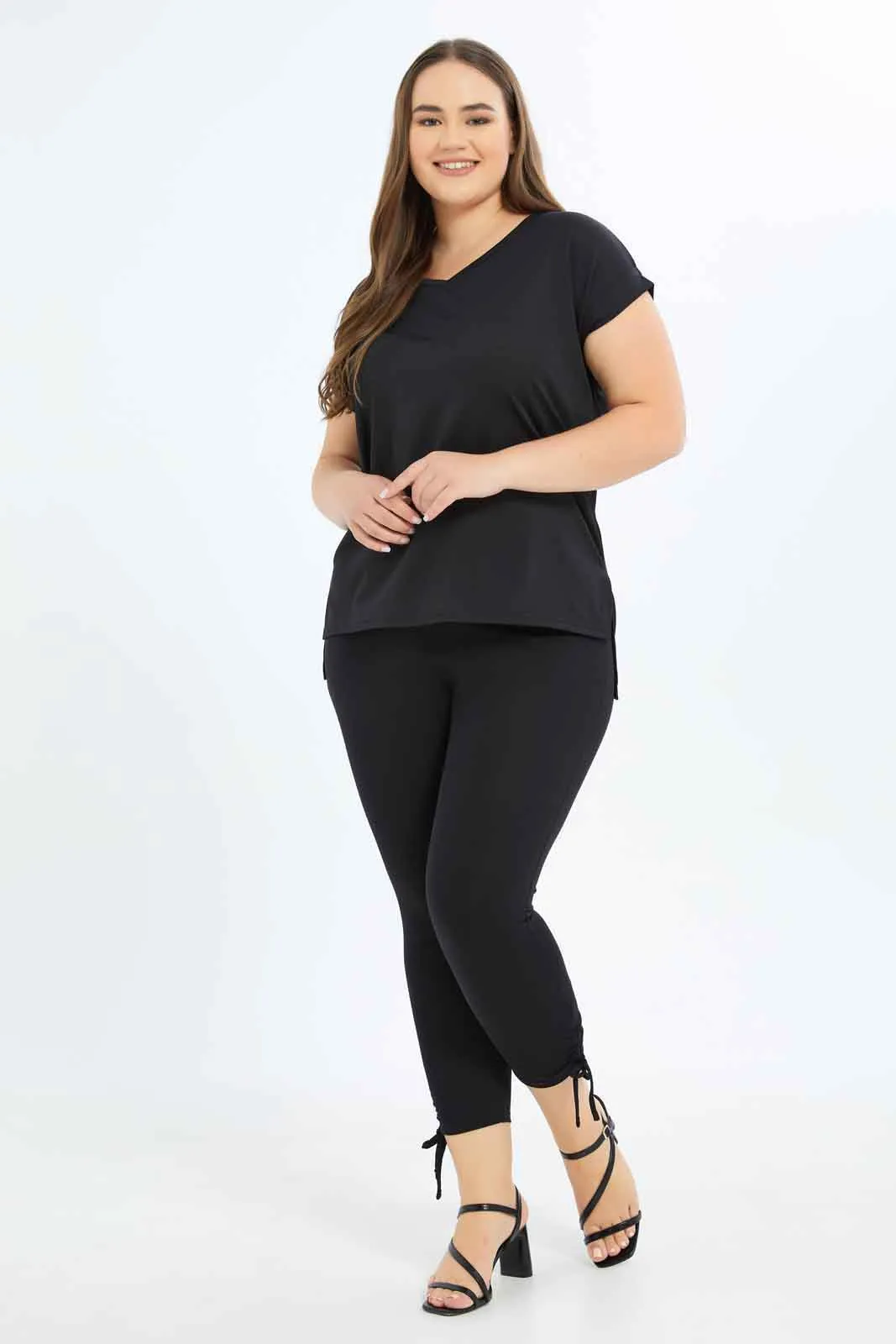 Plus Size Women Black Plain Crop Legging