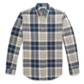 Polo Ralph Lauren Custom Fit Plaid Brushed Flannel Shirt Off White/Navy