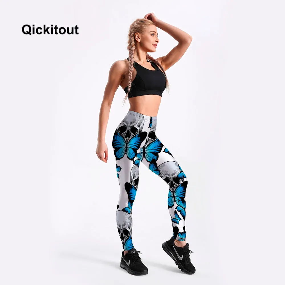 QICKITOUT  Women's Workout Fitness Active Wear Leggings in Butterfly & Skulls Print