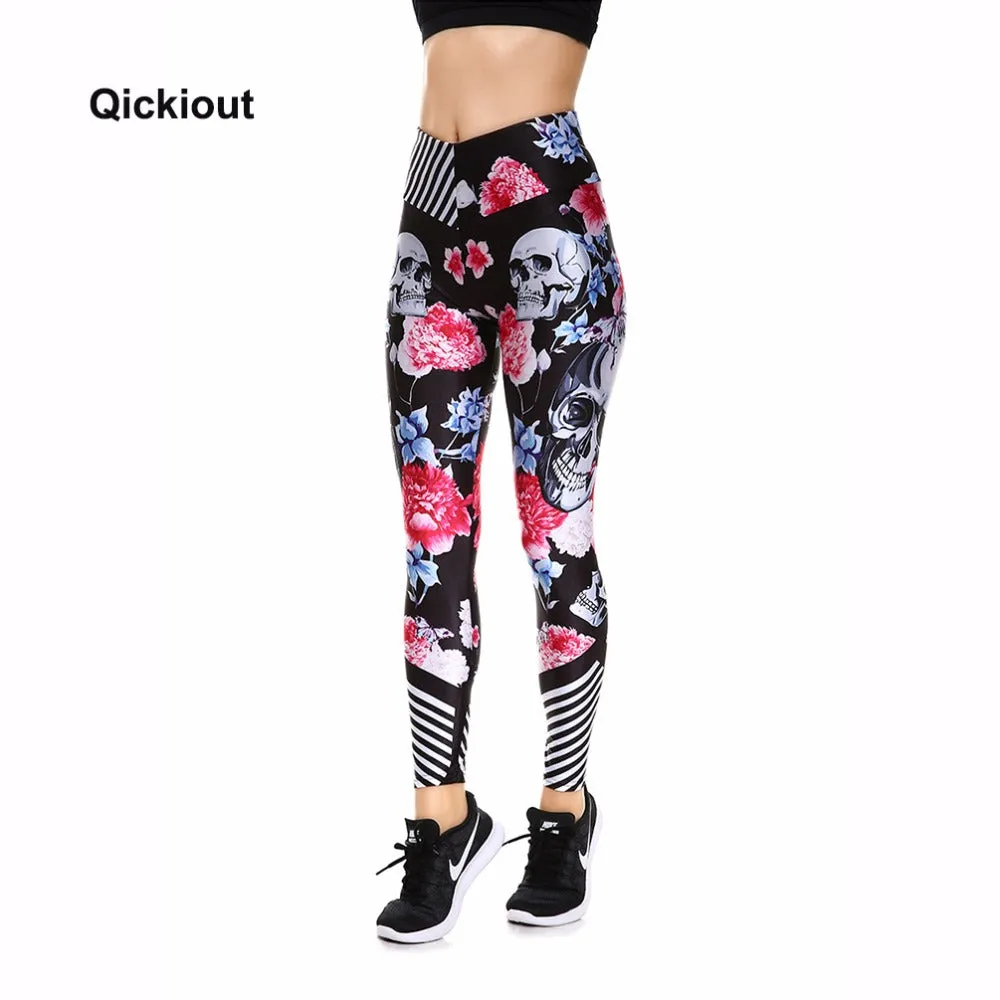 QICKITOUT  Women's Workout Fitness Active Wear Leggings in Skulls & Flowers Print