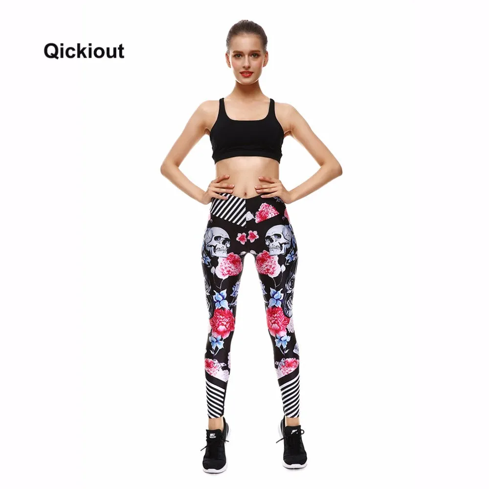 QICKITOUT  Women's Workout Fitness Active Wear Leggings in Skulls & Flowers Print