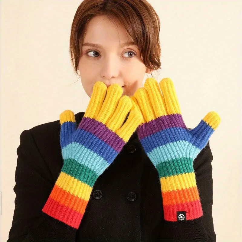 Rainbow Stripe Knitted Gloves: Touch Screen Friendly, Soft and Comfortable, Suitable for Outdoor Activities, Travel, Parties, and Dates - Women's Winter Gloves