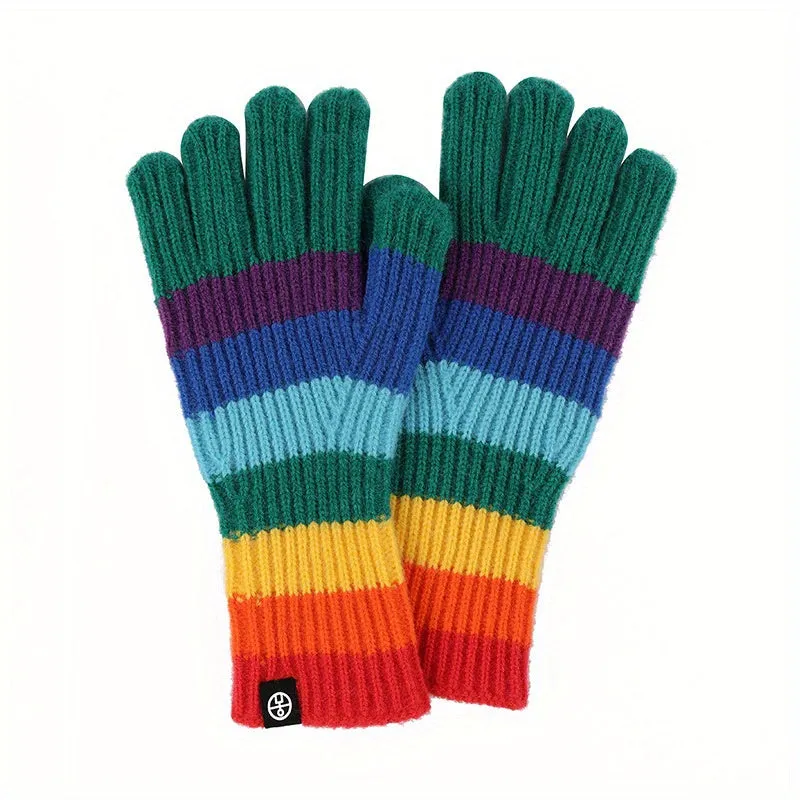 Rainbow Stripe Knitted Gloves: Touch Screen Friendly, Soft and Comfortable, Suitable for Outdoor Activities, Travel, Parties, and Dates - Women's Winter Gloves