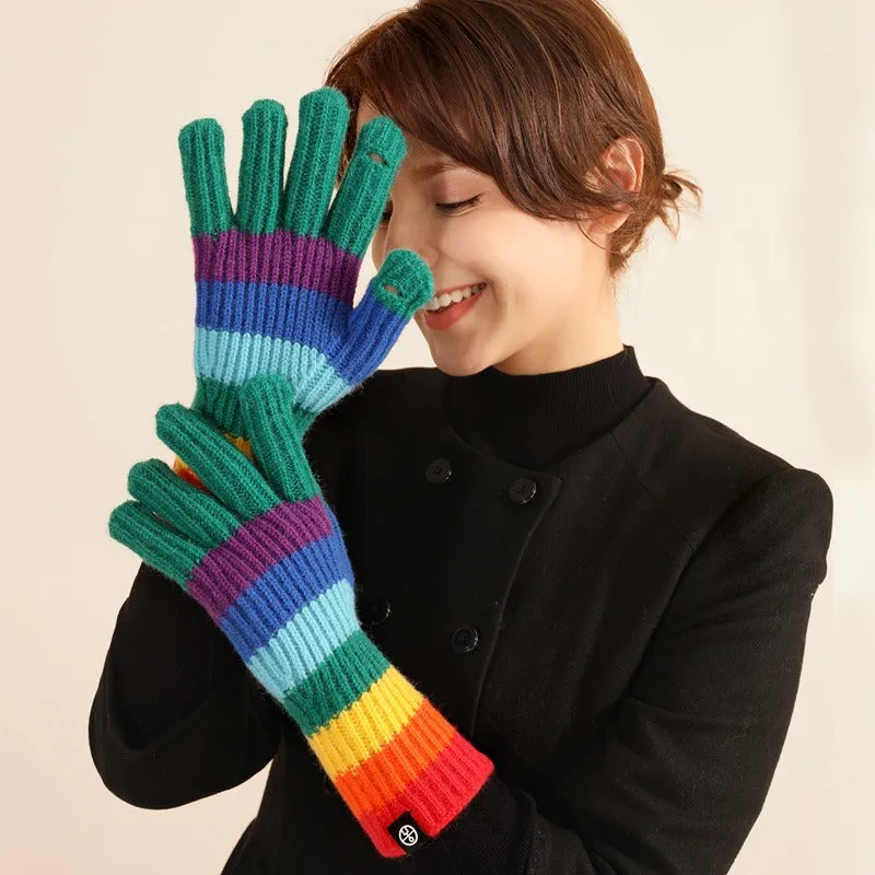 Rainbow Stripe Knitted Gloves: Touch Screen Friendly, Soft and Comfortable, Suitable for Outdoor Activities, Travel, Parties, and Dates - Women's Winter Gloves