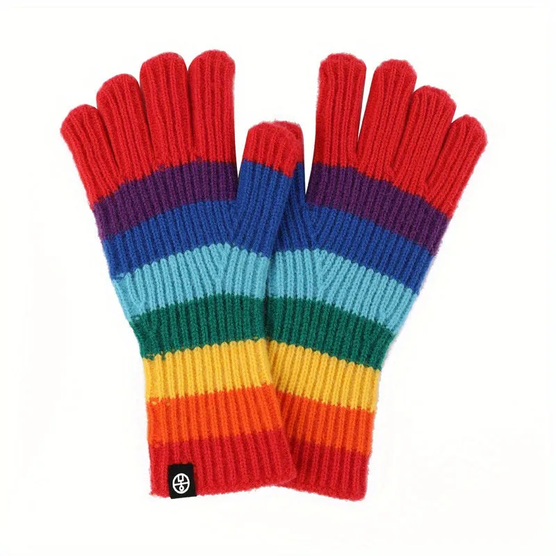 Rainbow Stripe Knitted Gloves: Touch Screen Friendly, Soft and Comfortable, Suitable for Outdoor Activities, Travel, Parties, and Dates - Women's Winter Gloves