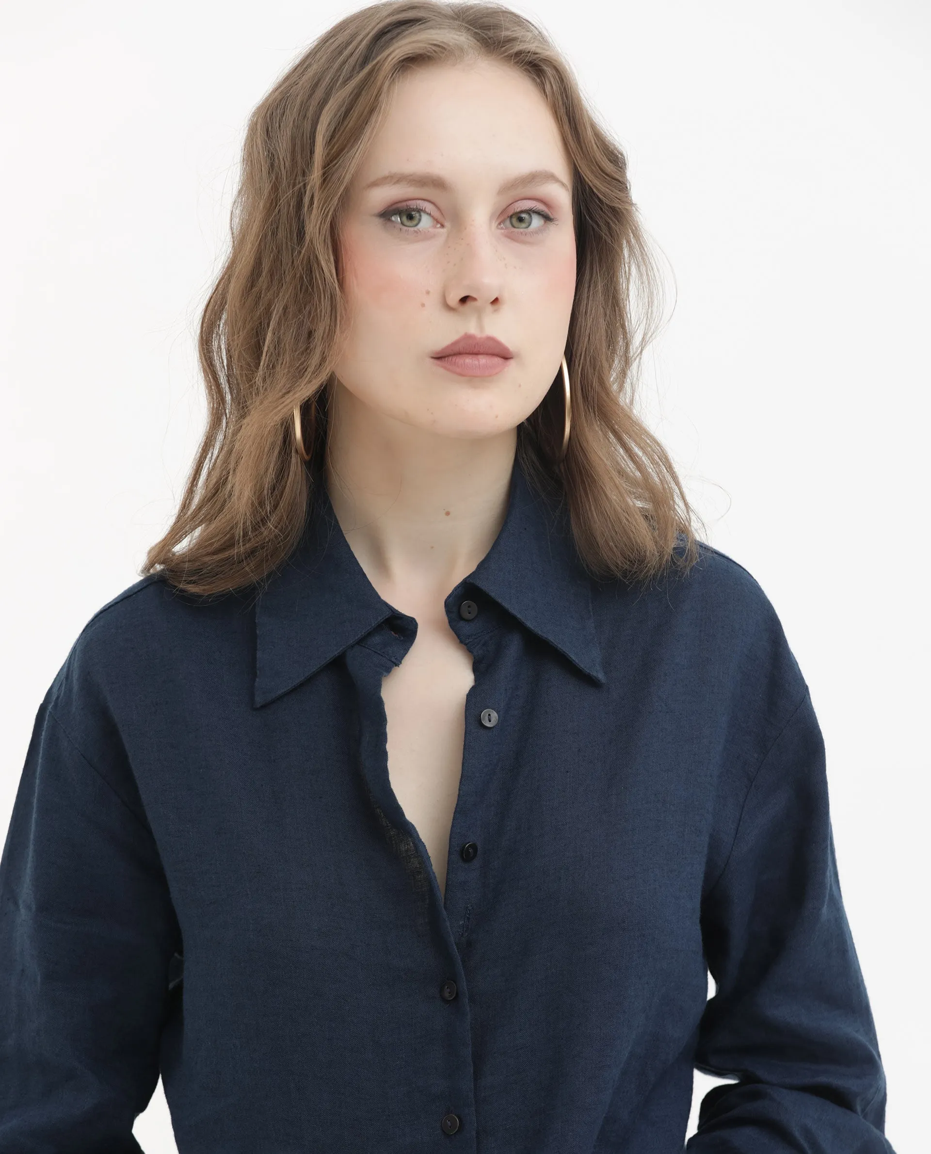 Rareism Women Barbados Dark Navy Viscose Linen Fabric Full Sleeves Button Closure Shirt Collar Regular Fit Plain Shirt