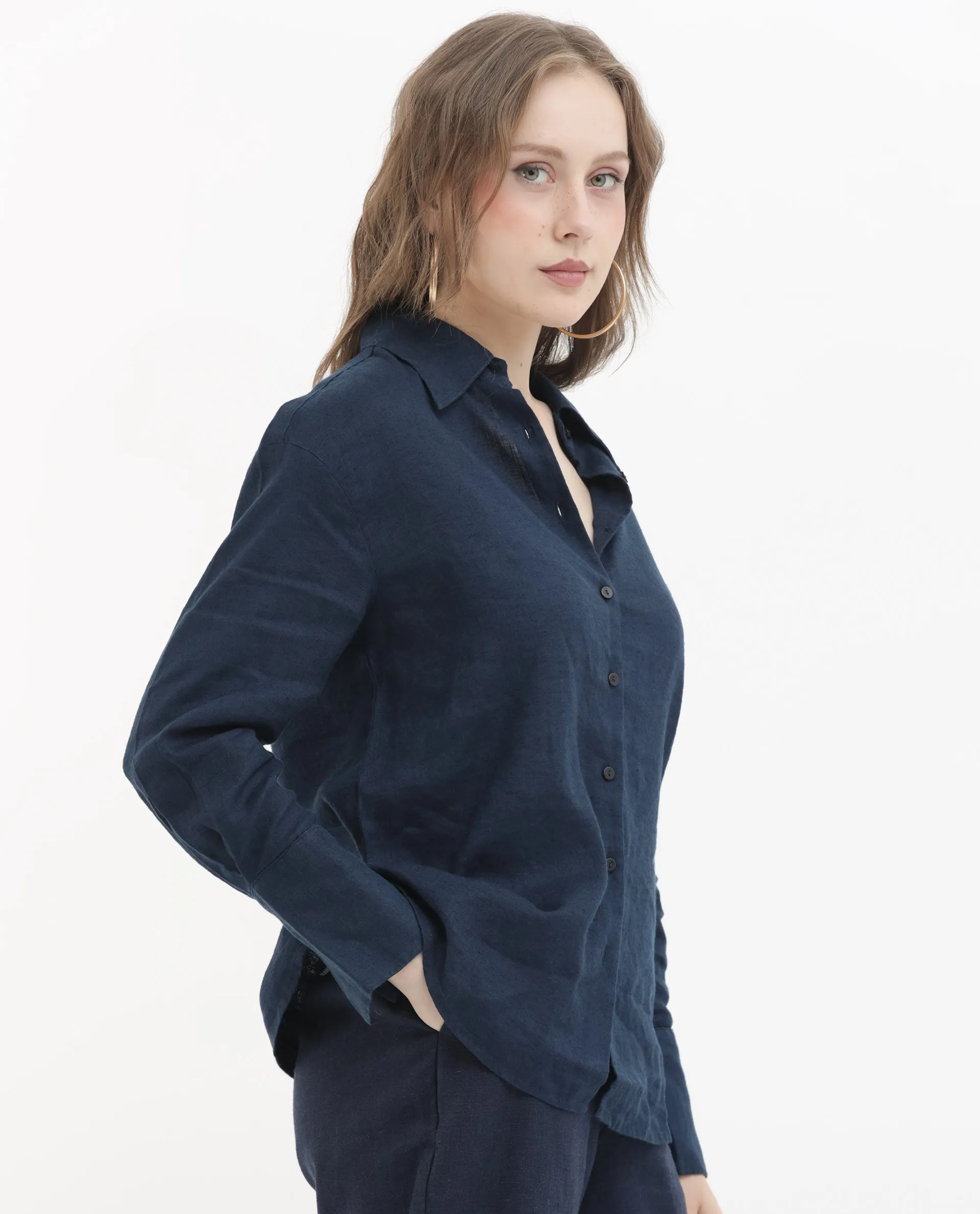 Rareism Women Barbados Dark Navy Viscose Linen Fabric Full Sleeves Button Closure Shirt Collar Regular Fit Plain Shirt