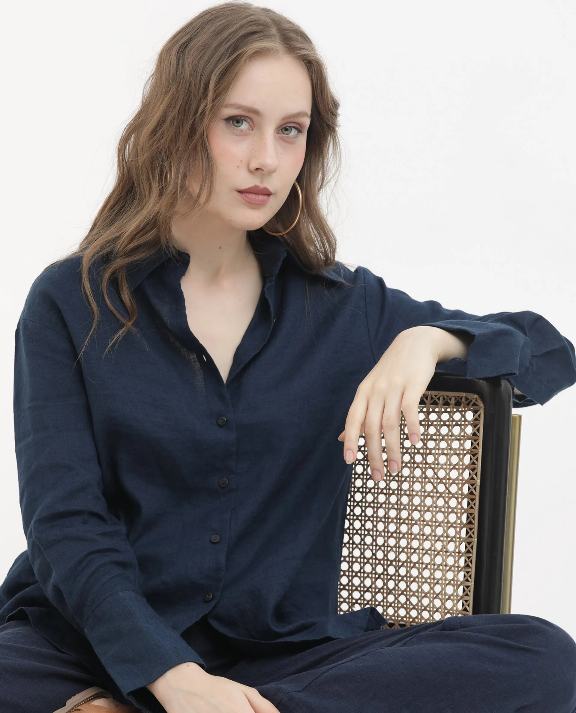 Rareism Women Barbados Dark Navy Viscose Linen Fabric Full Sleeves Button Closure Shirt Collar Regular Fit Plain Shirt