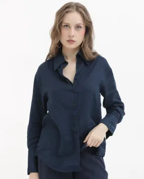 Rareism Women Barbados Dark Navy Viscose Linen Fabric Full Sleeves Button Closure Shirt Collar Regular Fit Plain Shirt