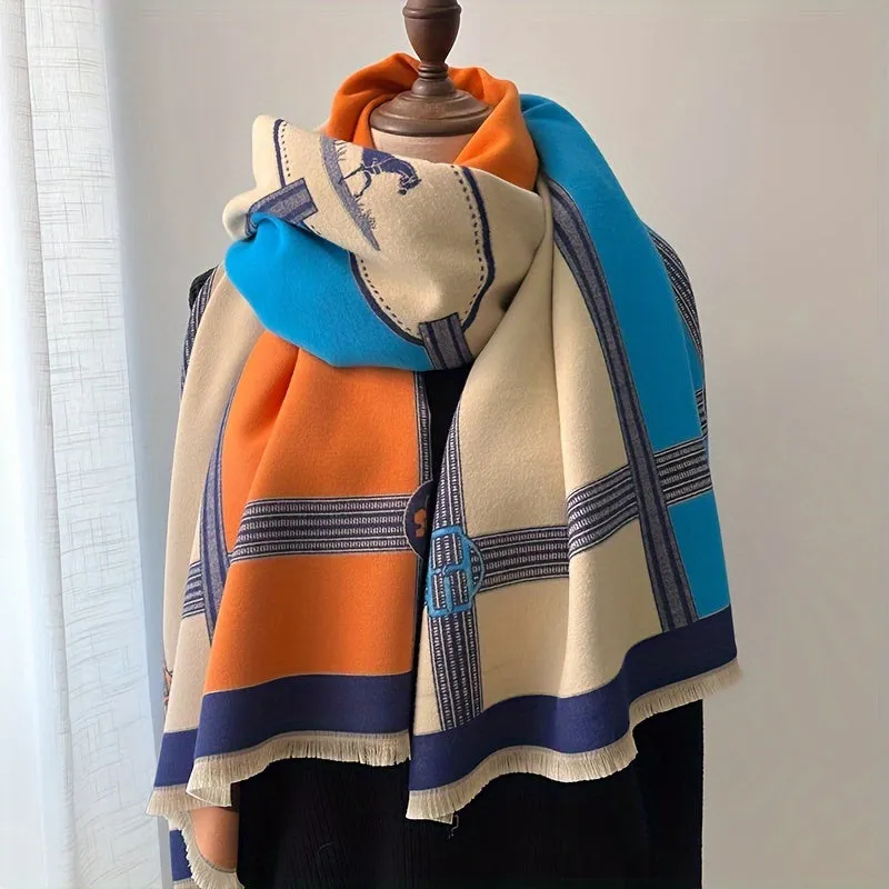 Refined Jacquard Scarf - Soft Cotton Blend, Windproof Warmth, Color Block Design for Autumn and Winter Elegance