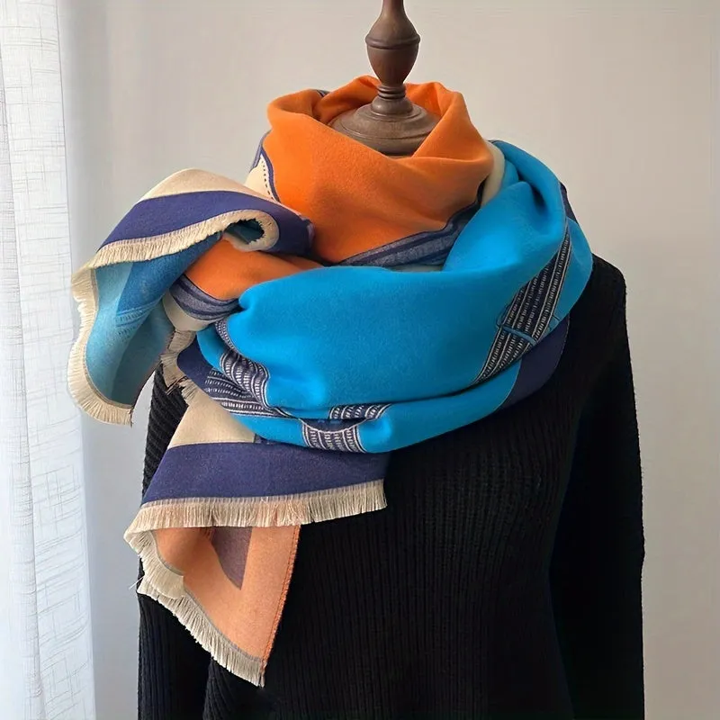 Refined Jacquard Scarf - Soft Cotton Blend, Windproof Warmth, Color Block Design for Autumn and Winter Elegance