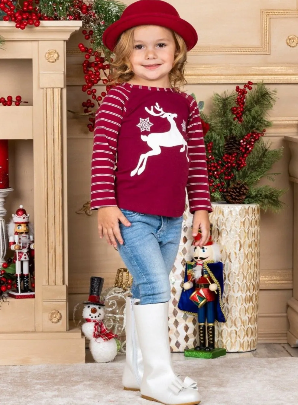 Reindeer Prance Striped Raglan Top