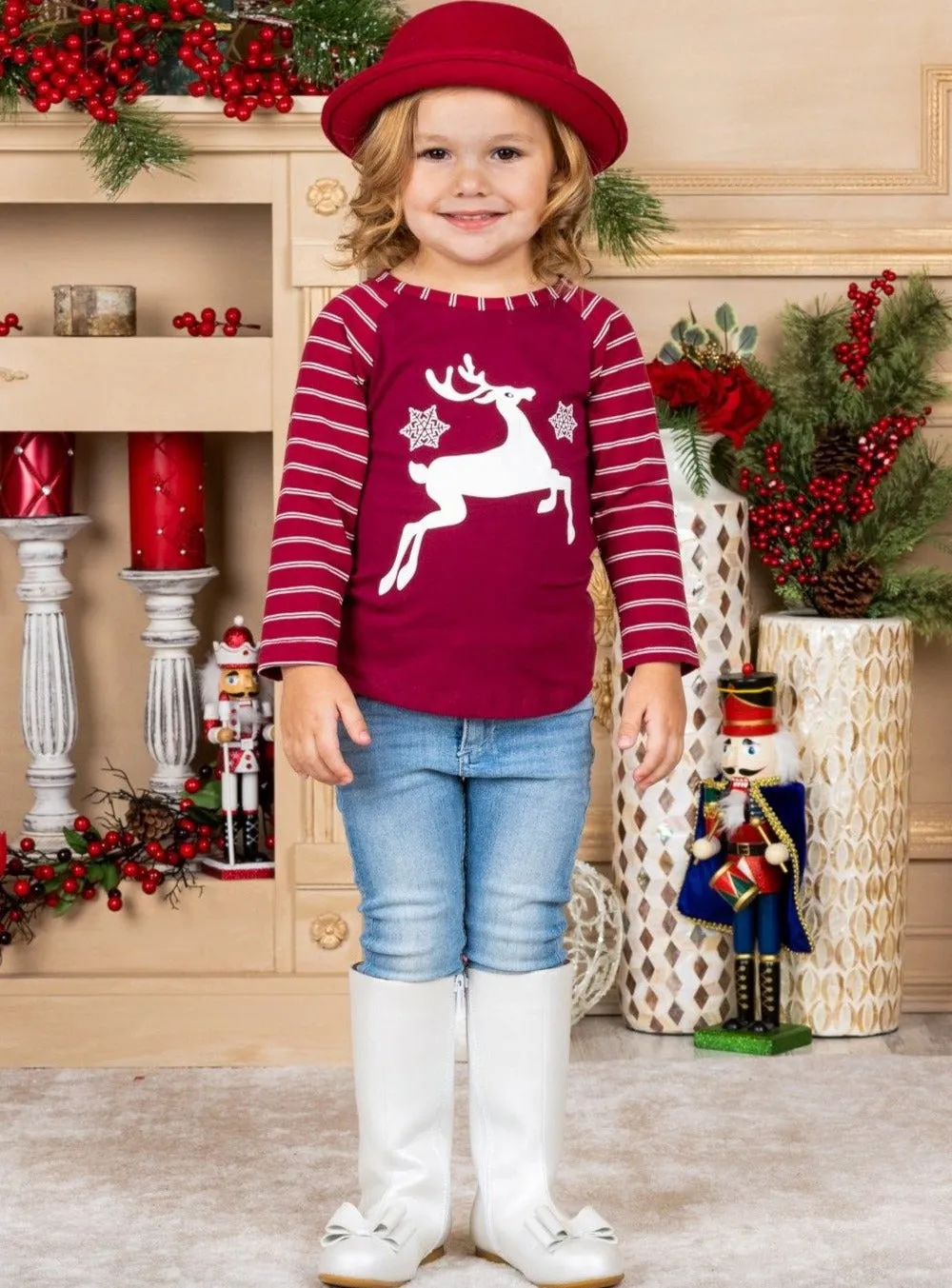 Reindeer Prance Striped Raglan Top