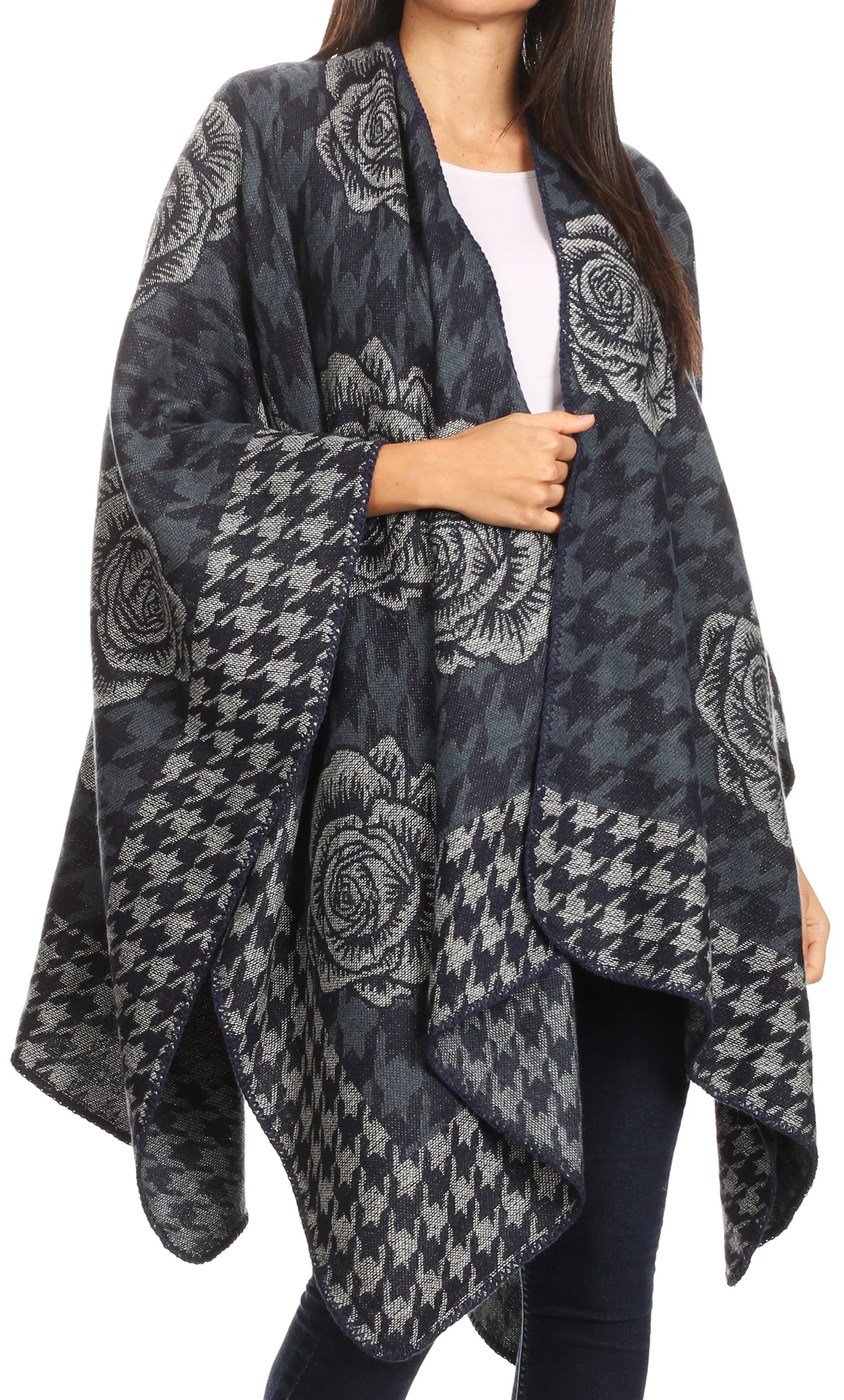 Sakkas Lupe Womens Reversible Poncho Wrap Cape Shawl Sweater Coat Cardigan Pattern