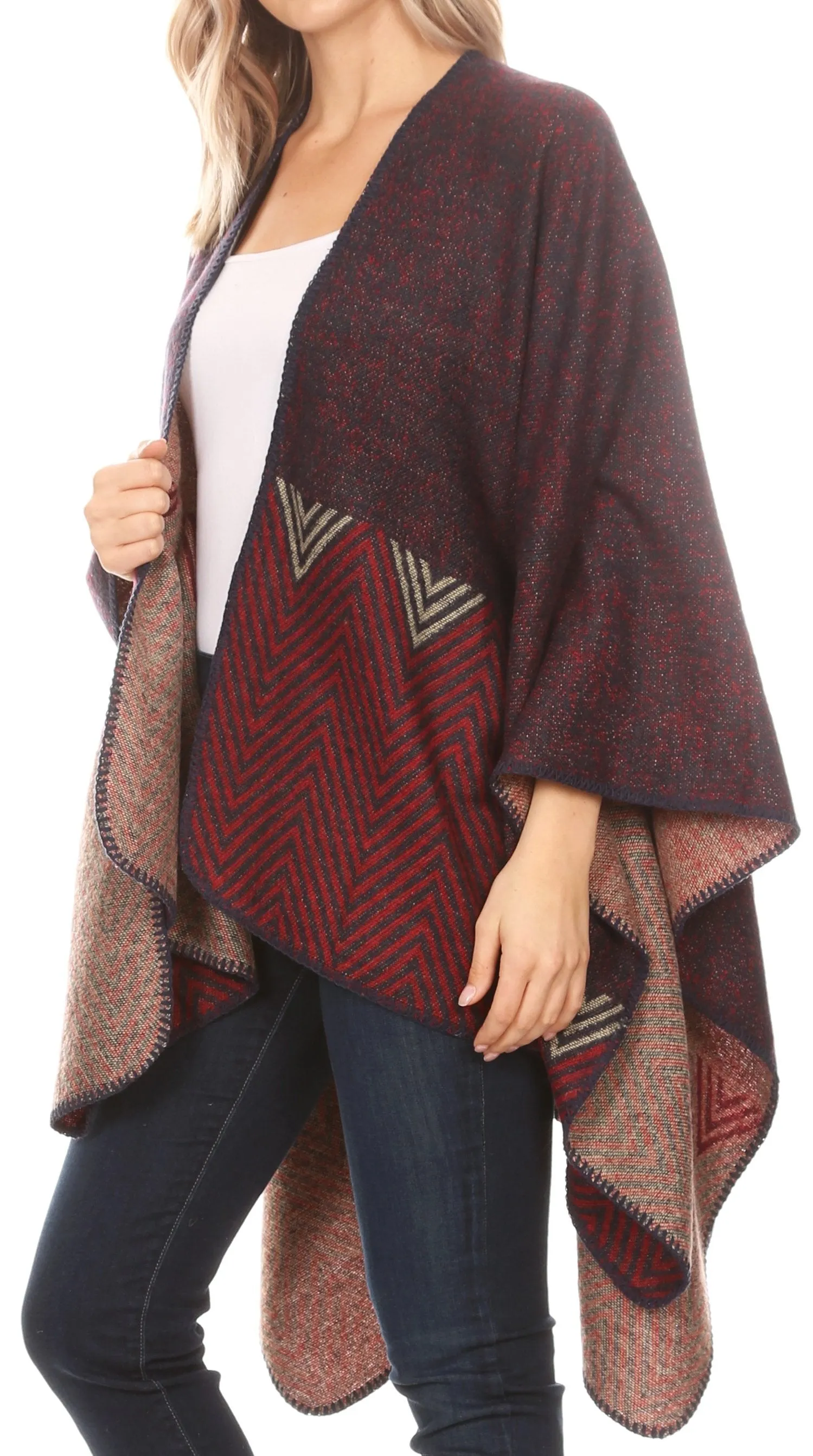 Sakkas Lupe Womens Reversible Poncho Wrap Cape Shawl Sweater Coat Cardigan Pattern