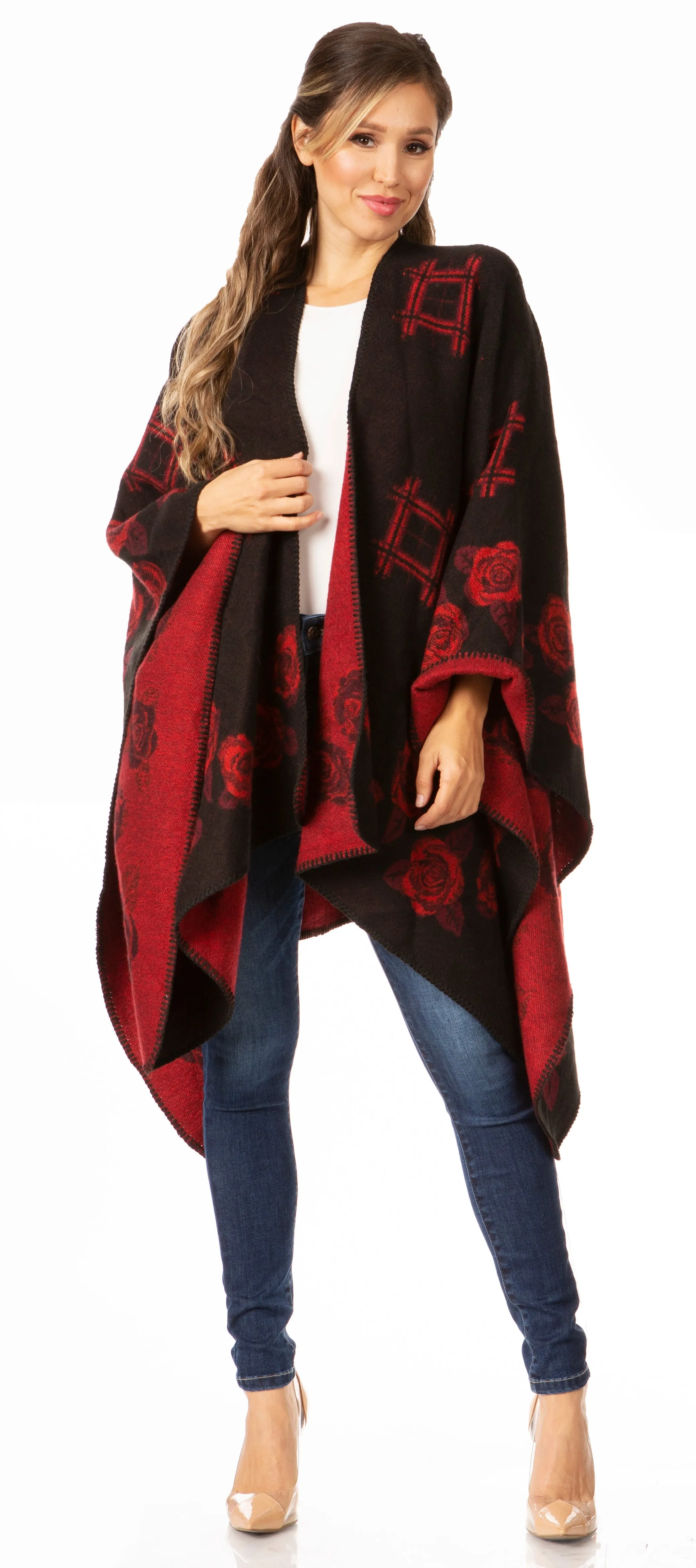 Sakkas Lupe Womens Reversible Poncho Wrap Cape Shawl Sweater Coat Cardigan Pattern