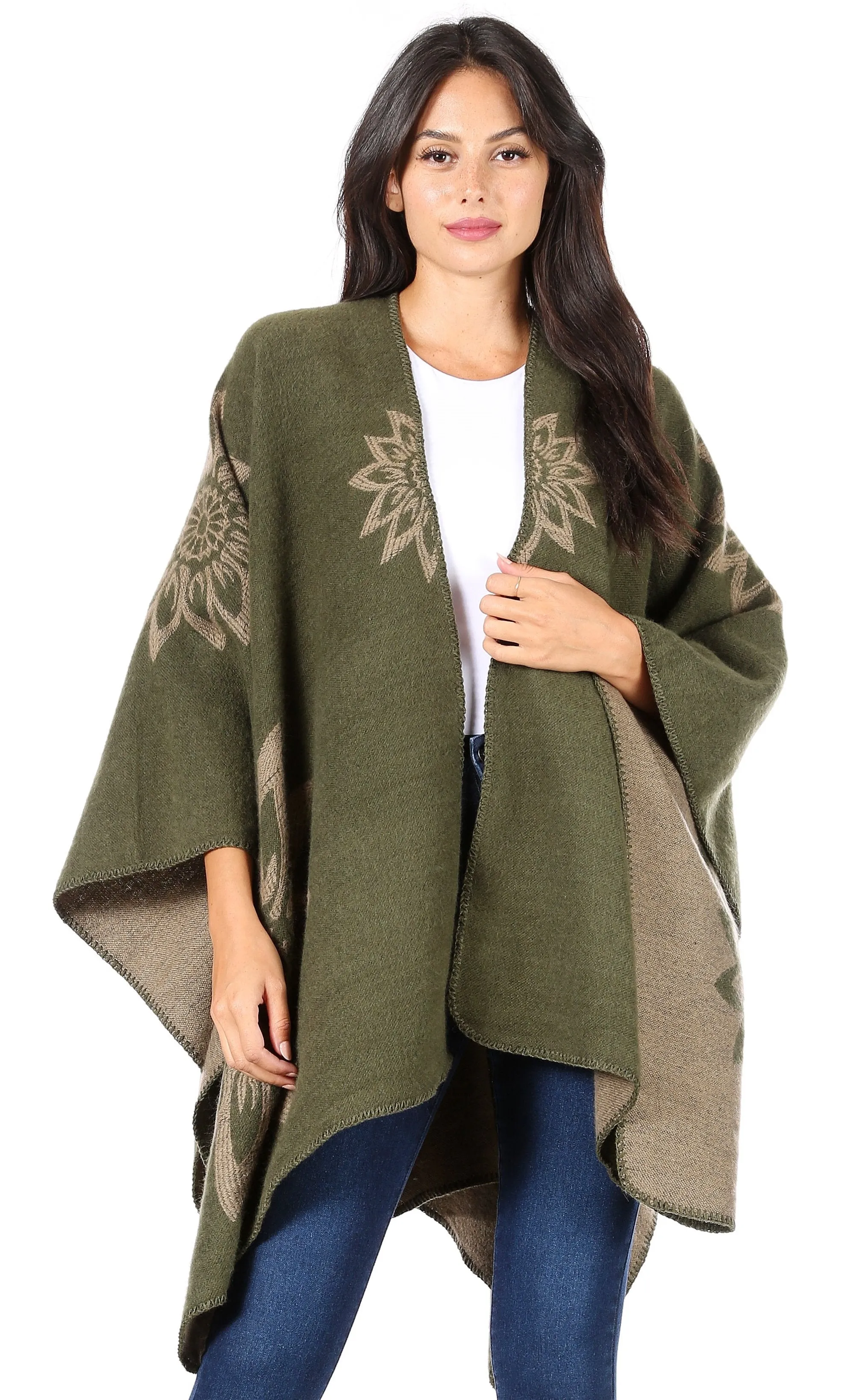 Sakkas Lupe Womens Reversible Poncho Wrap Cape Shawl Sweater Coat Cardigan Pattern