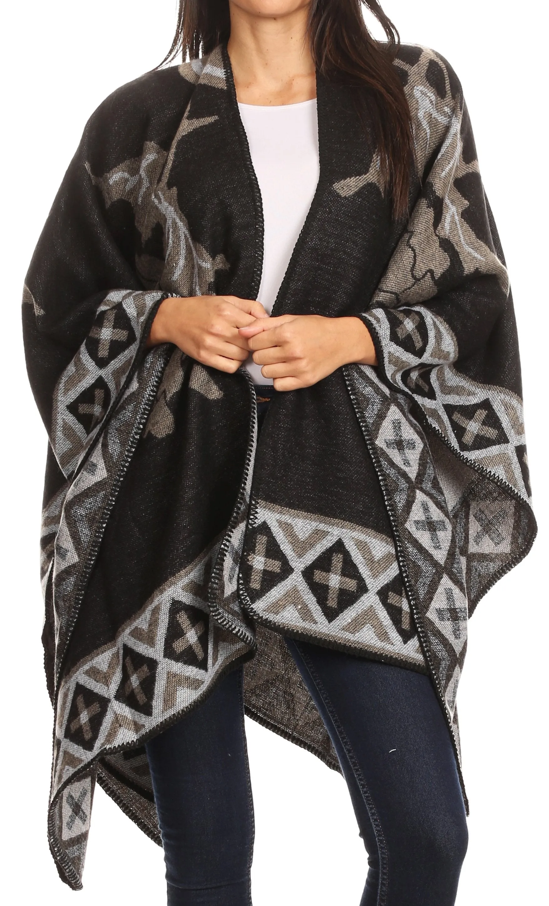 Sakkas Lupe Womens Reversible Poncho Wrap Cape Shawl Sweater Coat Cardigan Pattern