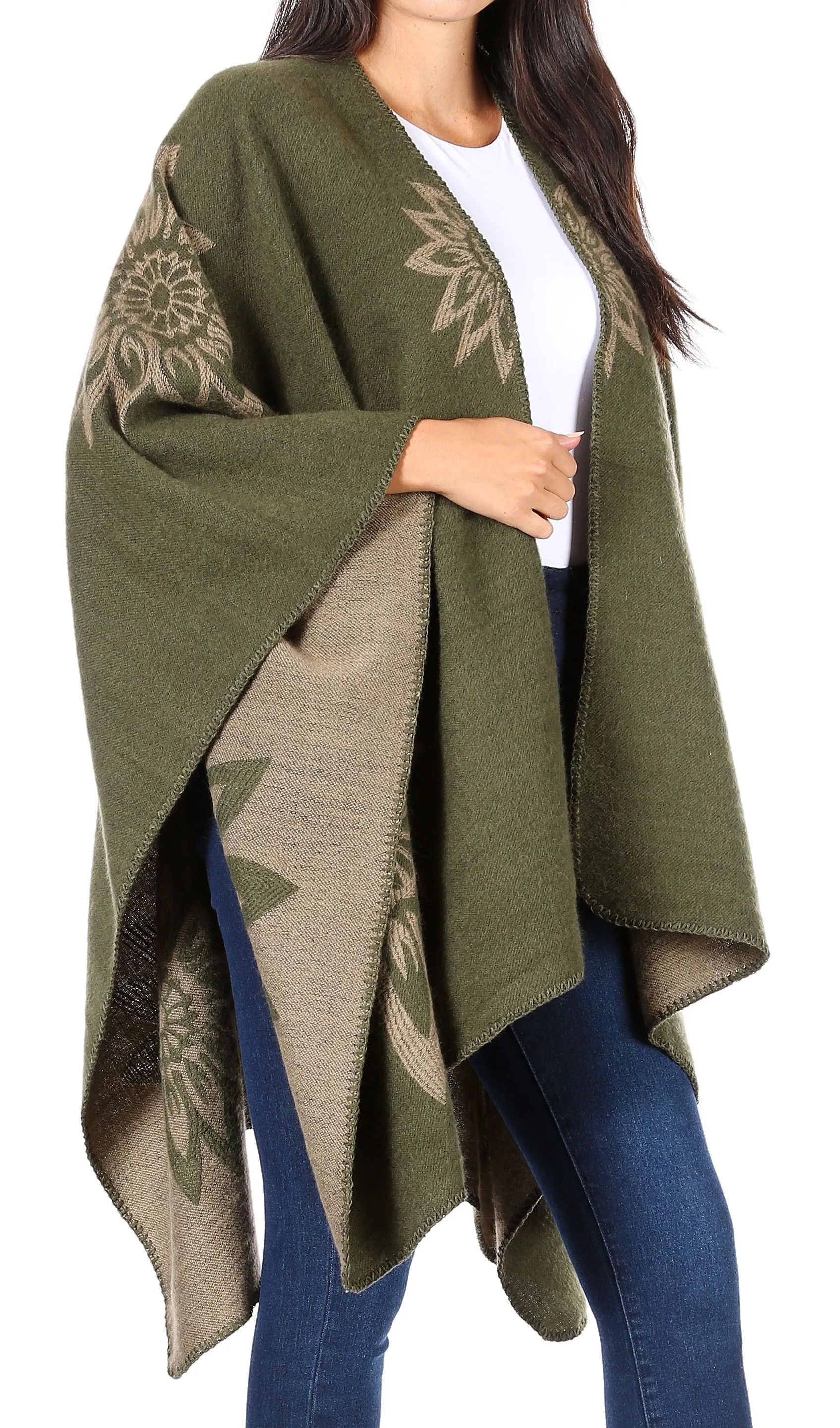 Sakkas Lupe Womens Reversible Poncho Wrap Cape Shawl Sweater Coat Cardigan Pattern